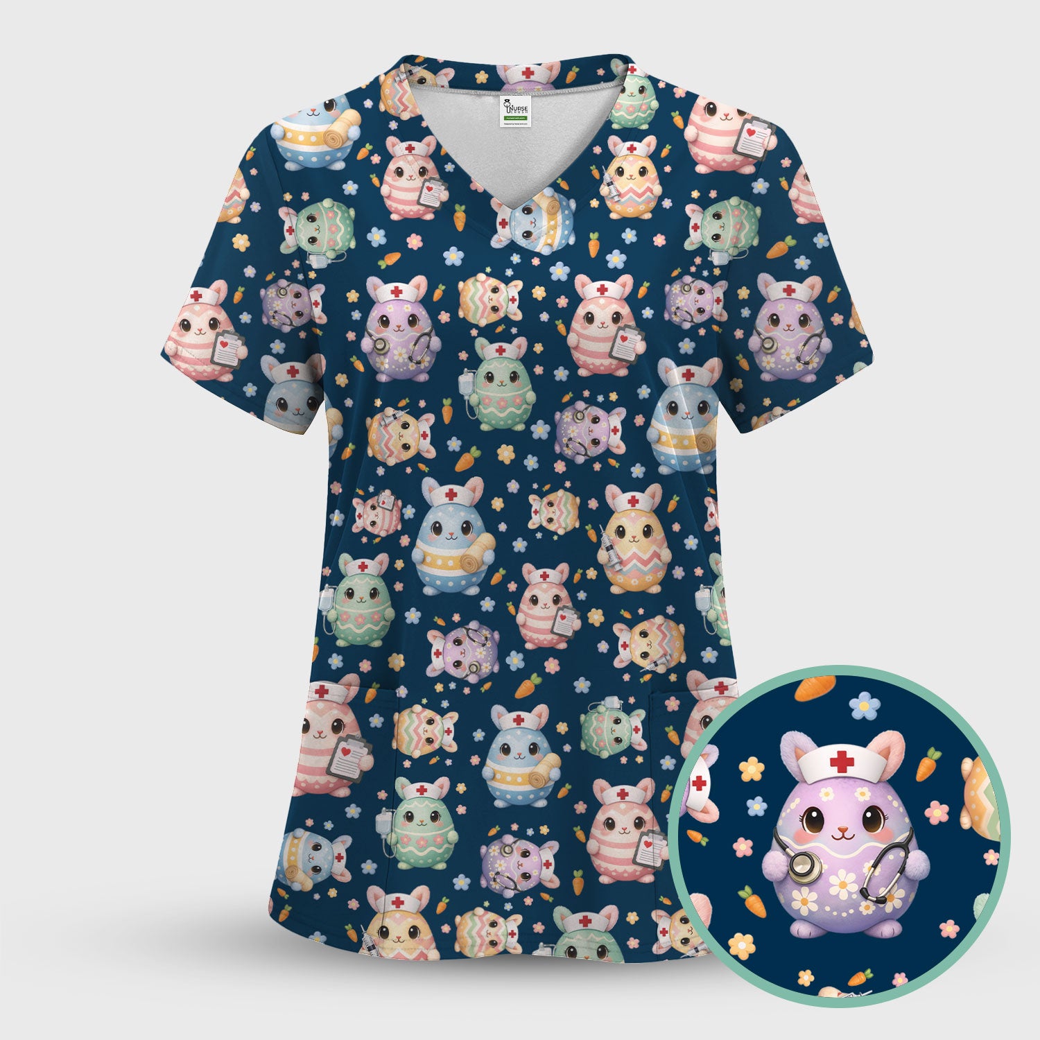 Cute Nurse Bunny Pastel Floral Print Scrubs, Breathable Fabrics Nursing Uniform, Easter