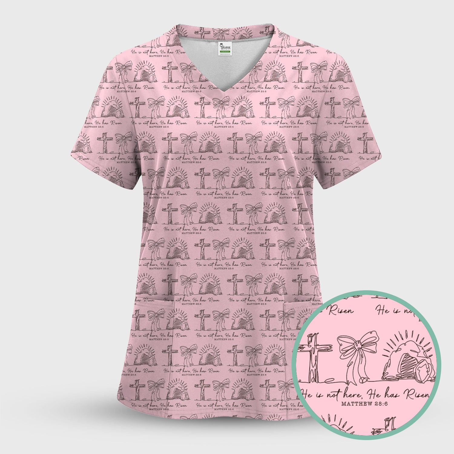 Christian Cross He Is Risen Pattern Scrubs Top, Comfortable Scrubs for Nurses