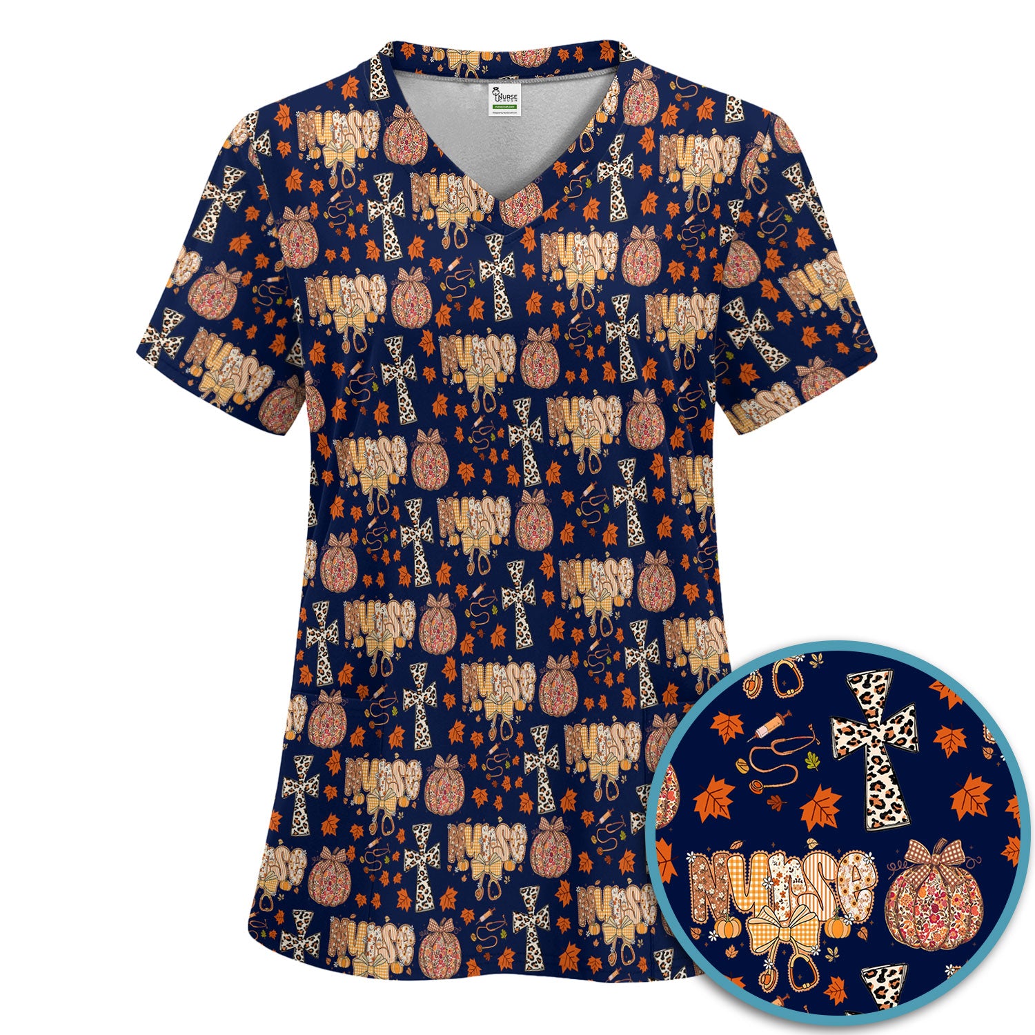 Floral Pumpkin Scrub Set for Women - Coquette Bow Thanksgiving Scrubs Pants and V Neck Top - Comfortable Medical Uniform