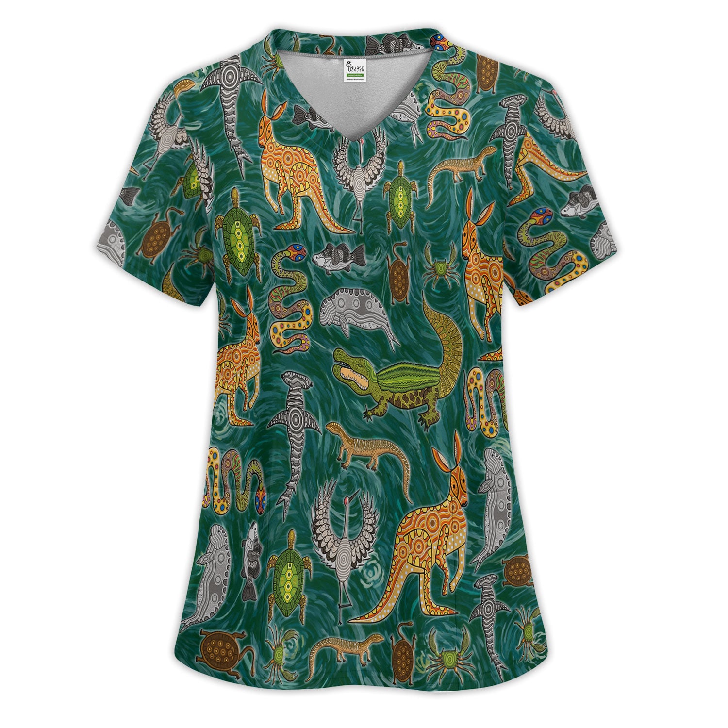 Crocodile Turtle Snake Animal Pattern Scrub Set, Women’s Scrub Sets V Neck Top