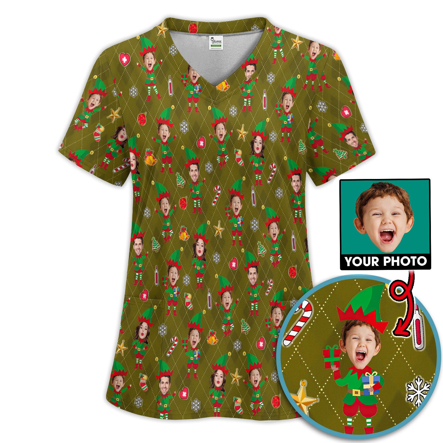 Personalized Face Nurse Uniform, Custom Photo Christmas Scrub Set, Funny Holiday Medical Uniform For Nursing