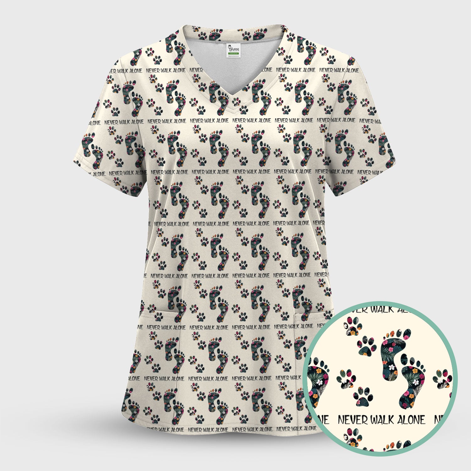 Never Walk Alone Scrub Top, Floral Paw Print Medical Scrub Shirt for Nurses, Vet Techs And Healthcare Workers