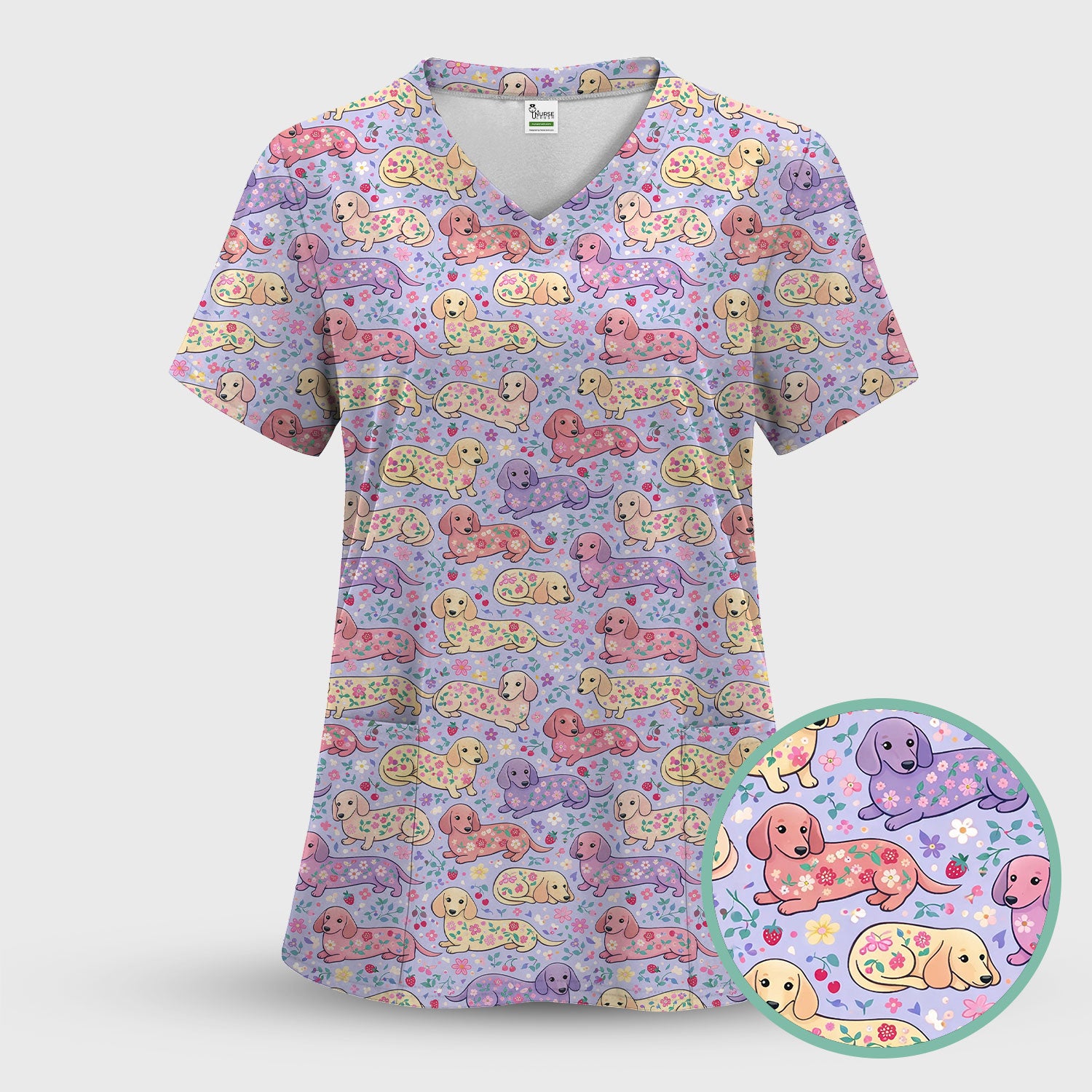 Cute Dachshund Floral Pattern Scrub Set, Scrub Pants and V Neck Top