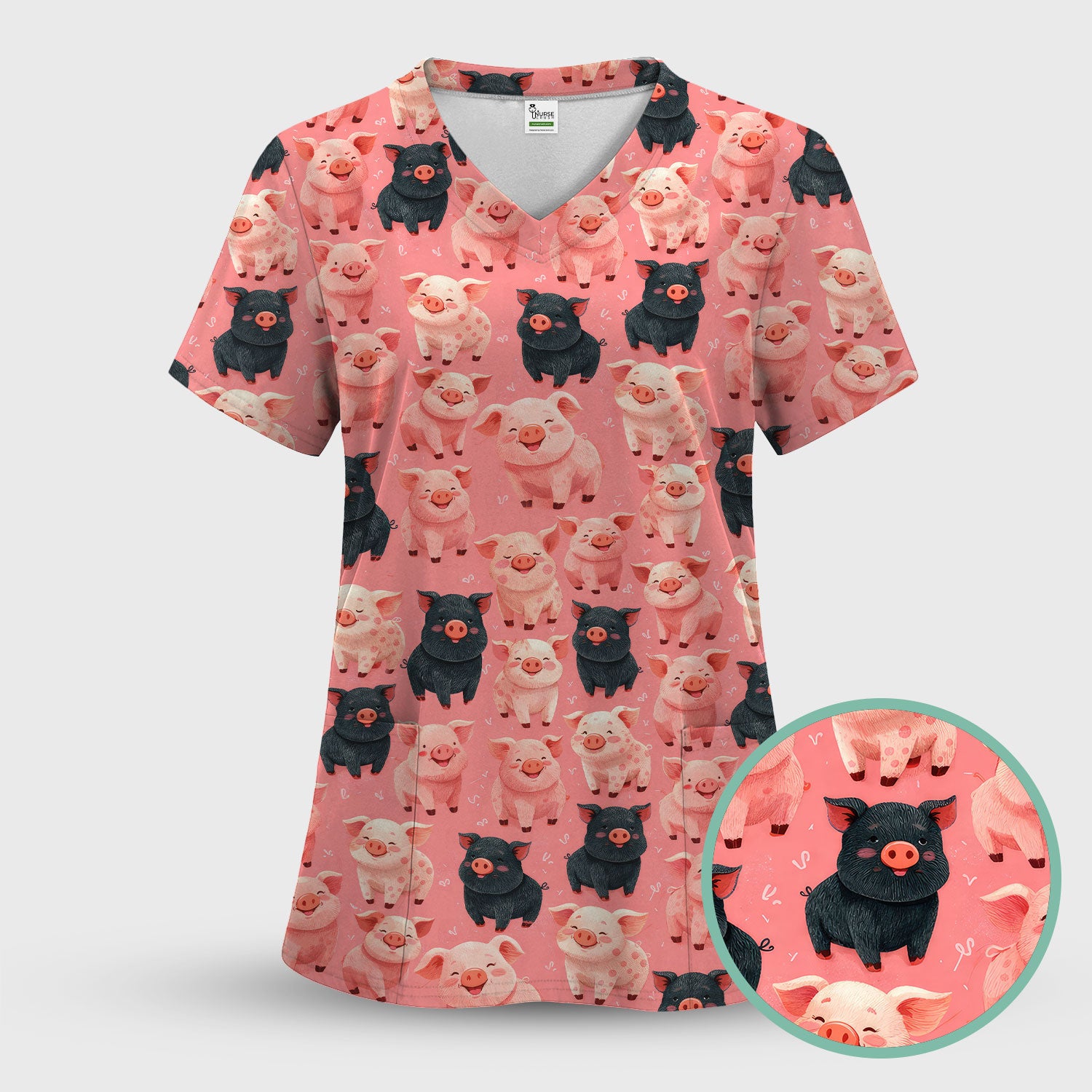 Cartoon Pig Print Scrub Top, Comfortable Medical Scrubs for Nurses