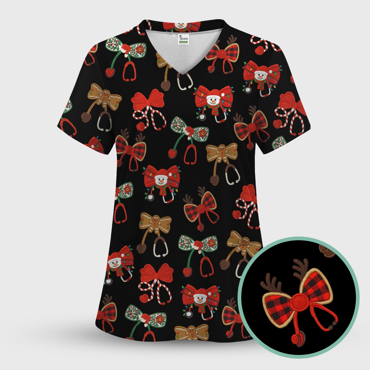 Christmas Stethoscope Bow Nurse Scrub Top, Xmas Pattern Scrub Shirt, Holiday Nursing Uniform