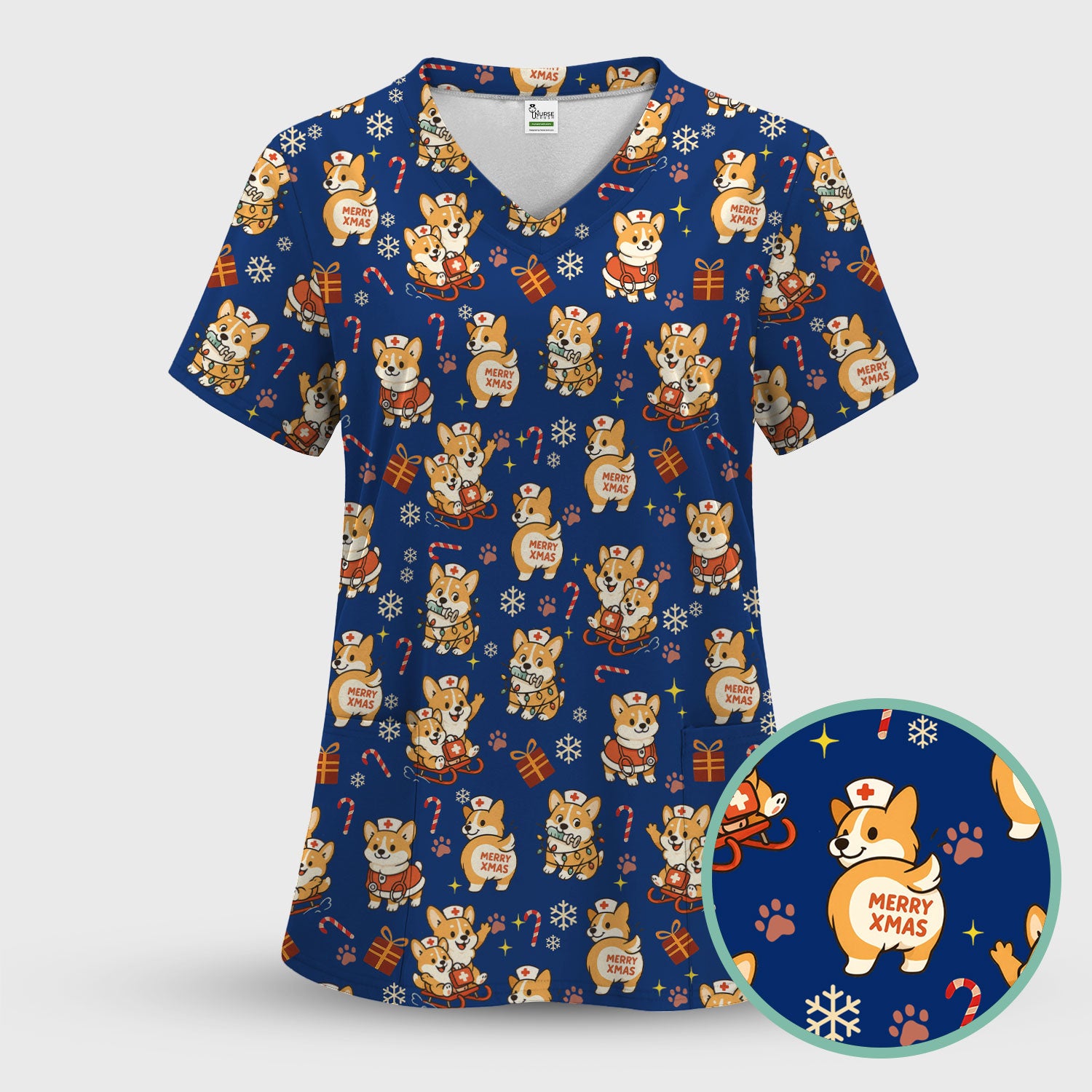 Cute Corgi Dog Scrubs for Christmas - Festive Puppy Pattern Medical Scrub Top - Holiday Christmas Scrubs with Charming Corgi Print