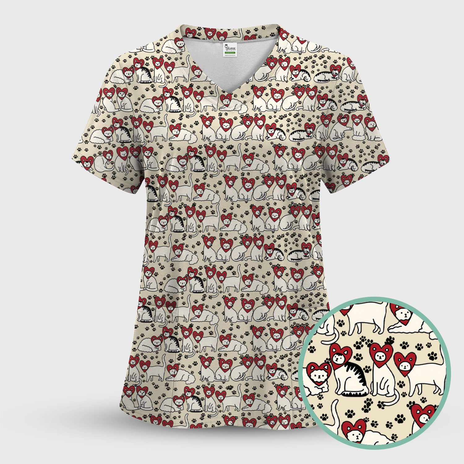 Cute Cat Heart Pattern Scrub Top, Funny Cat Scrub Shirt For Nurses, Breathable Fabrics Nursing Uniform