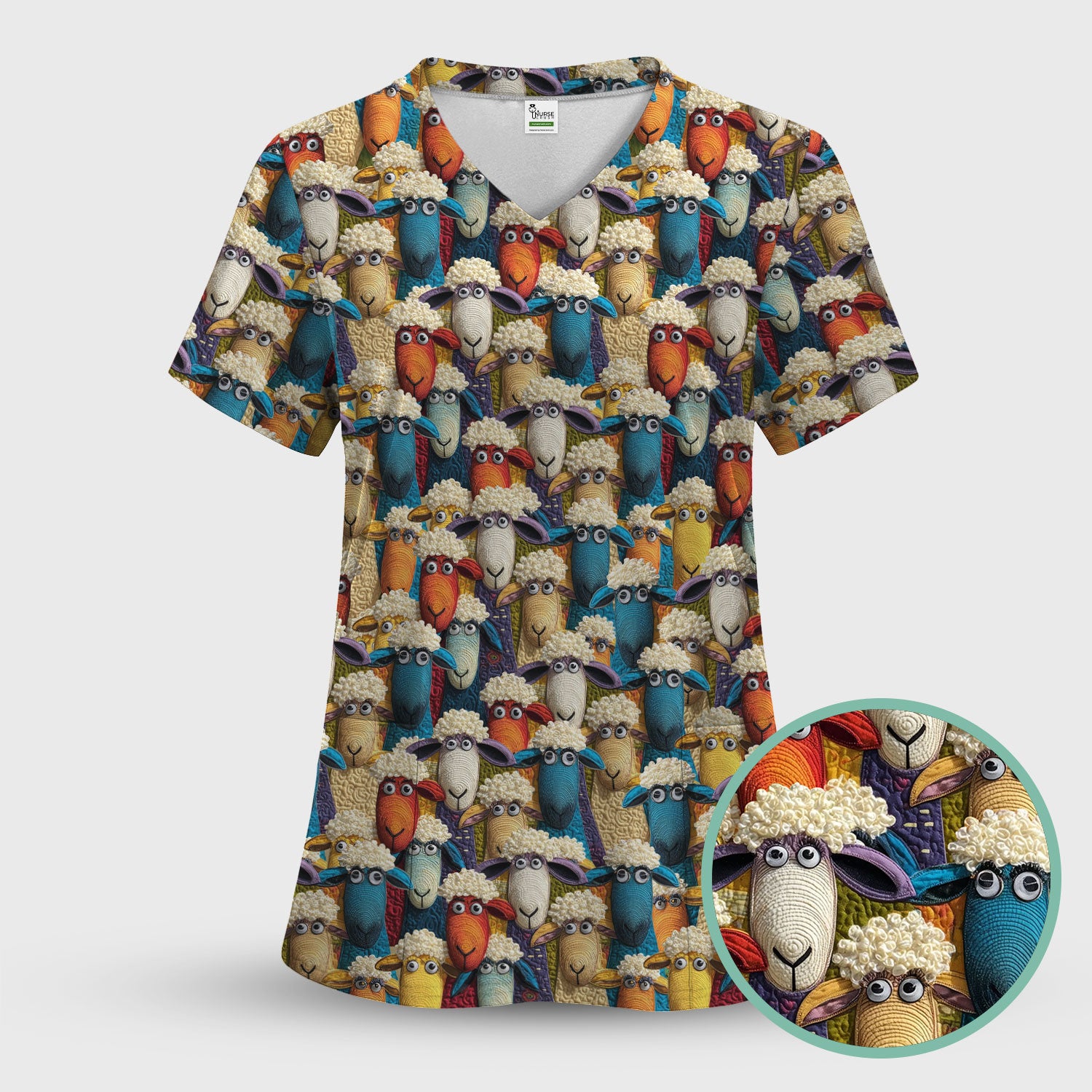 Funny Sheep Nurse Scrub Set for Women - Cute 3D Knit Effect Animal Pattern Top and Pants - Colorful Nursing Outfit Gift for RN LPN CNA