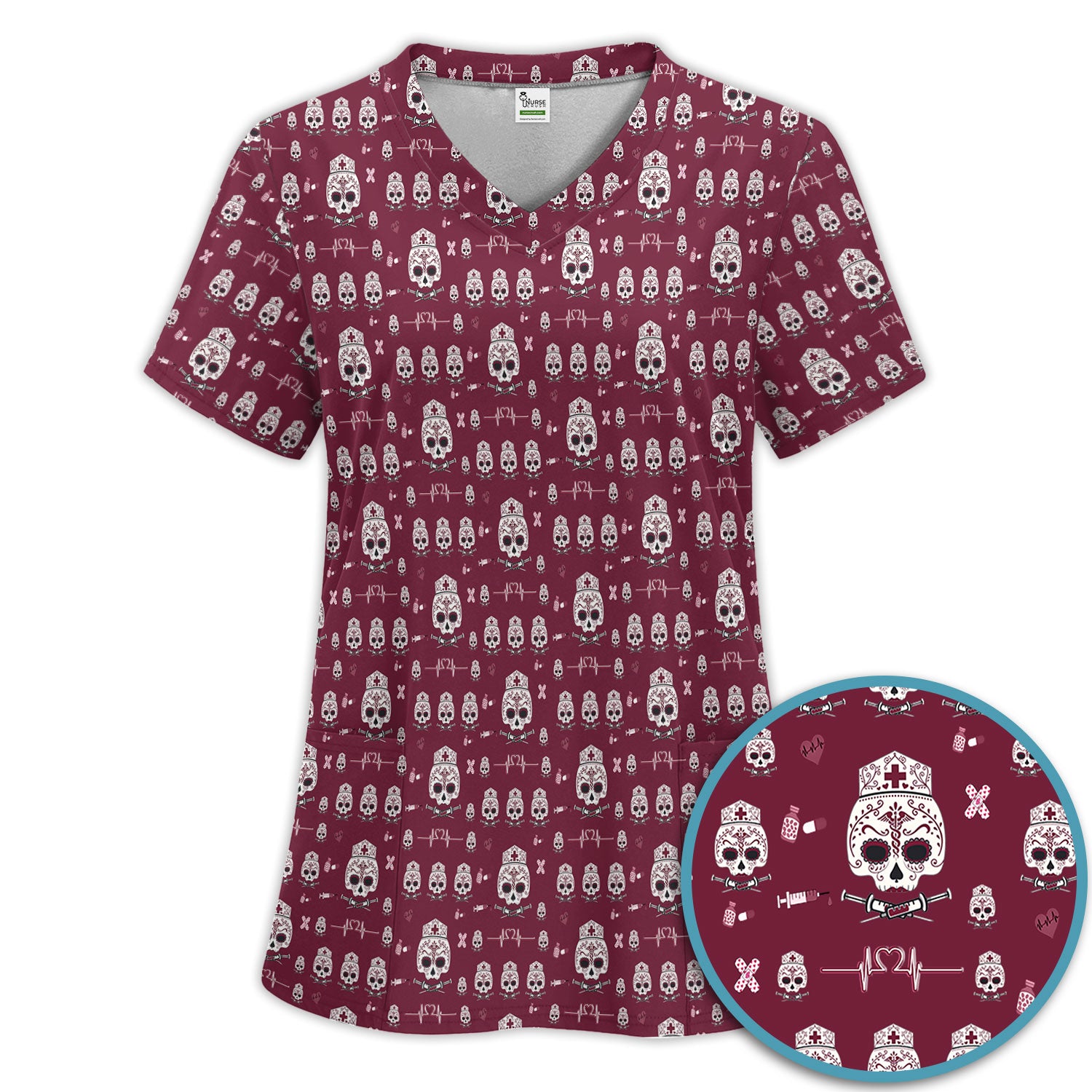 Sugar Skull Scrub Set, Skull Pattern Scrub Shirt, Breathable Fabrics Nursing Uniform