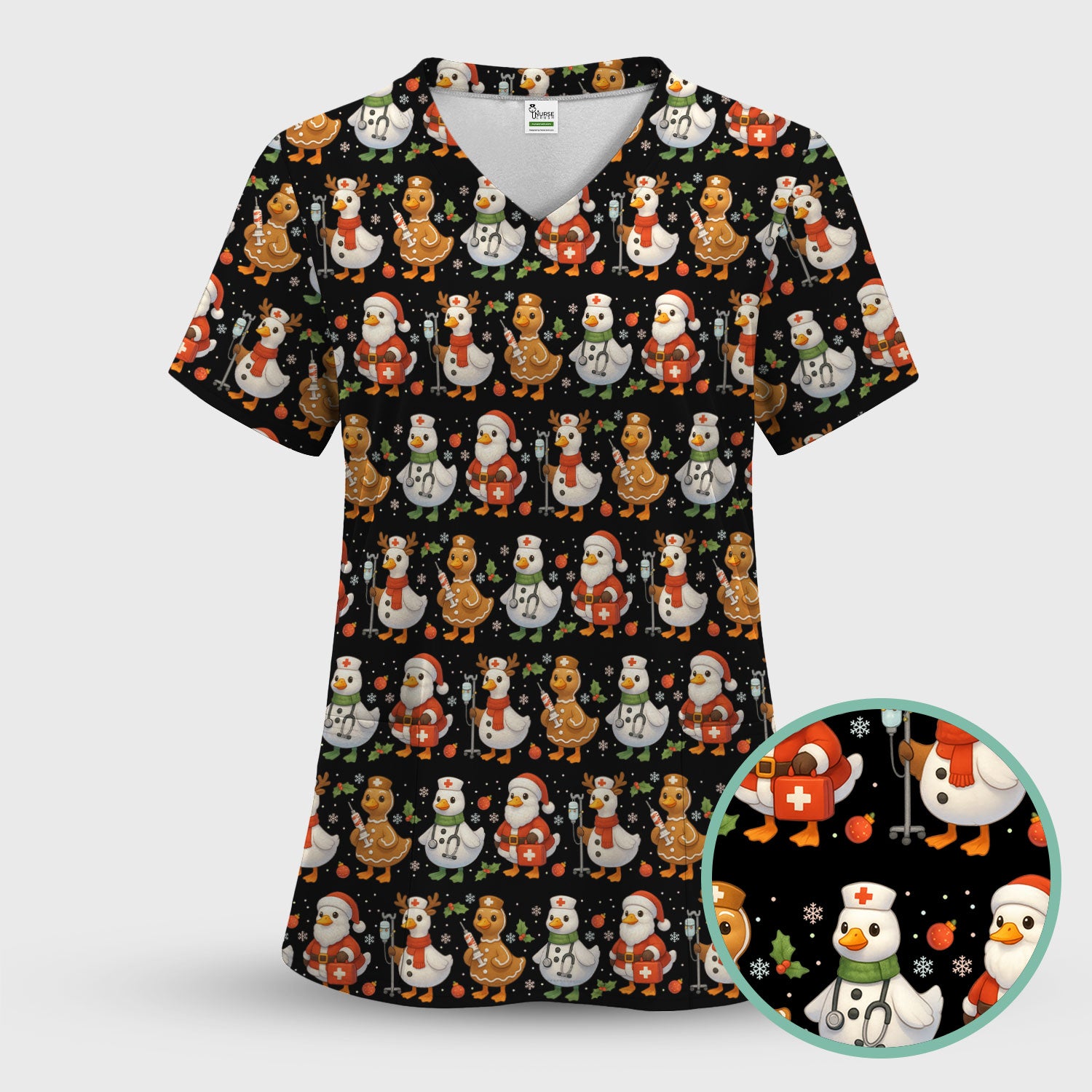 Goose Scrubs Christmas Edition - Cute Funny Pattern Medical Scrub Top for Women - Holiday Christmas Scrubs with Playful Goose Design