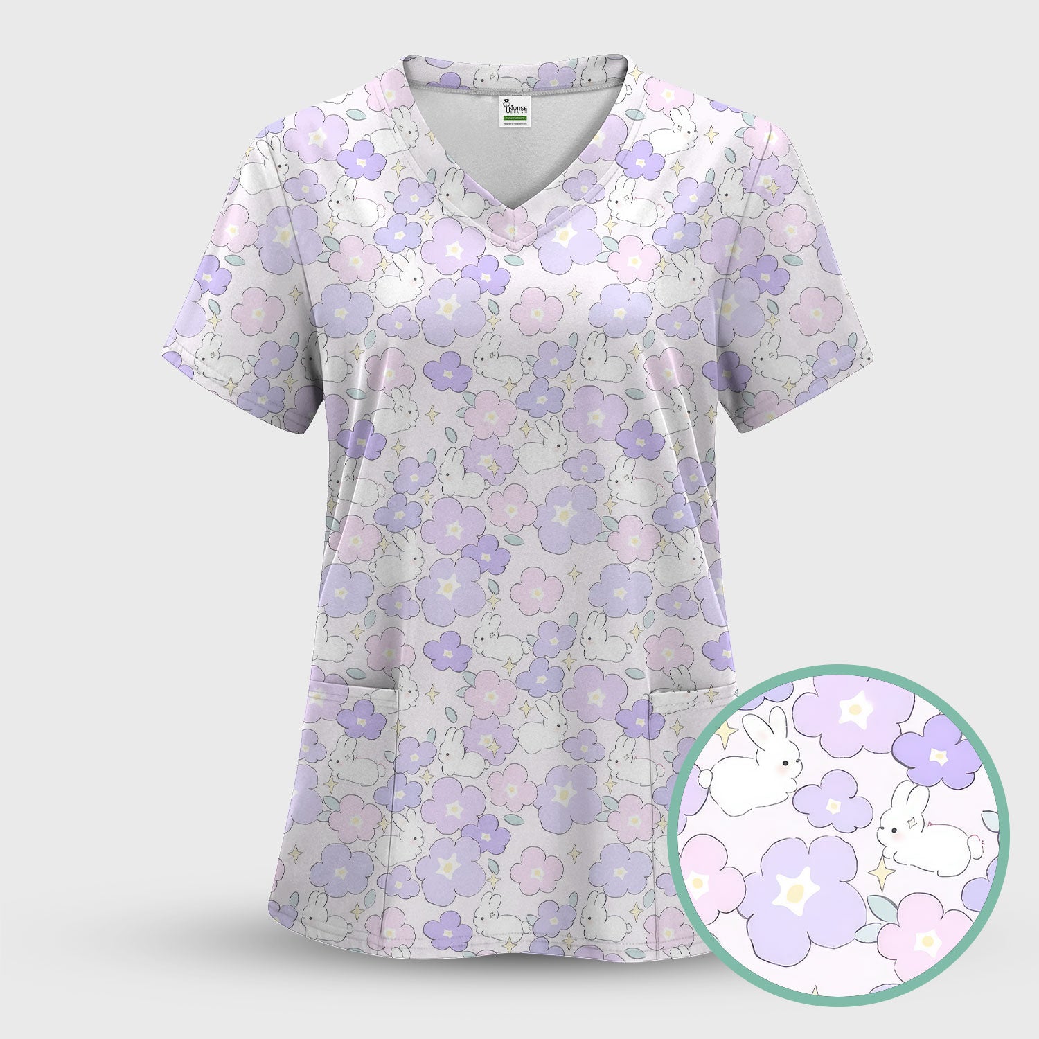 Cute Bunny Floral Pastel Pattern Scrub Top, Breathable Fabrics Nursing Uniform