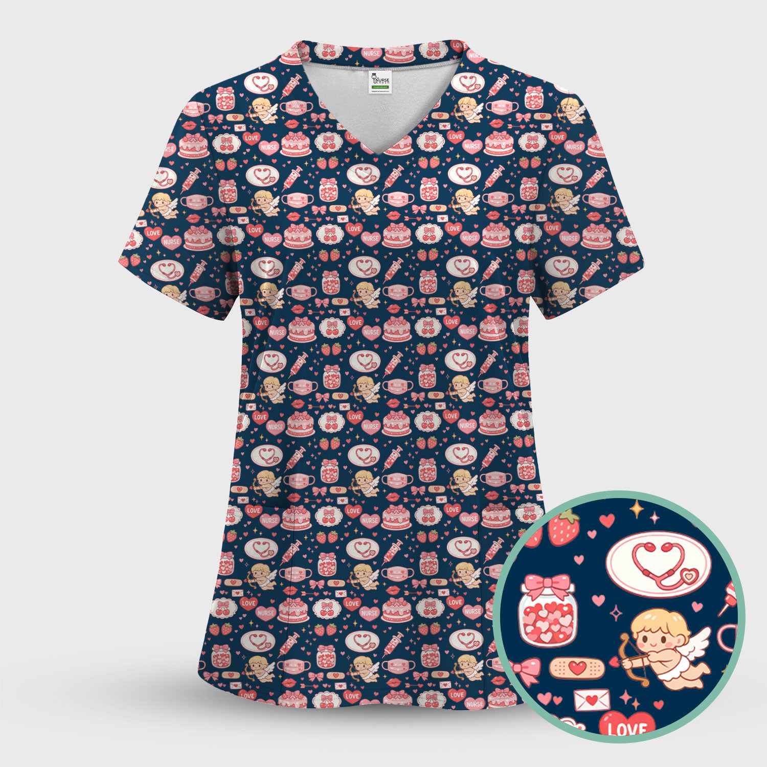 Cupid Nurse Scrub Top, Cute Love Medical Pattern Shirt For Valentine, Breathable Fabrics Nursing Uniform