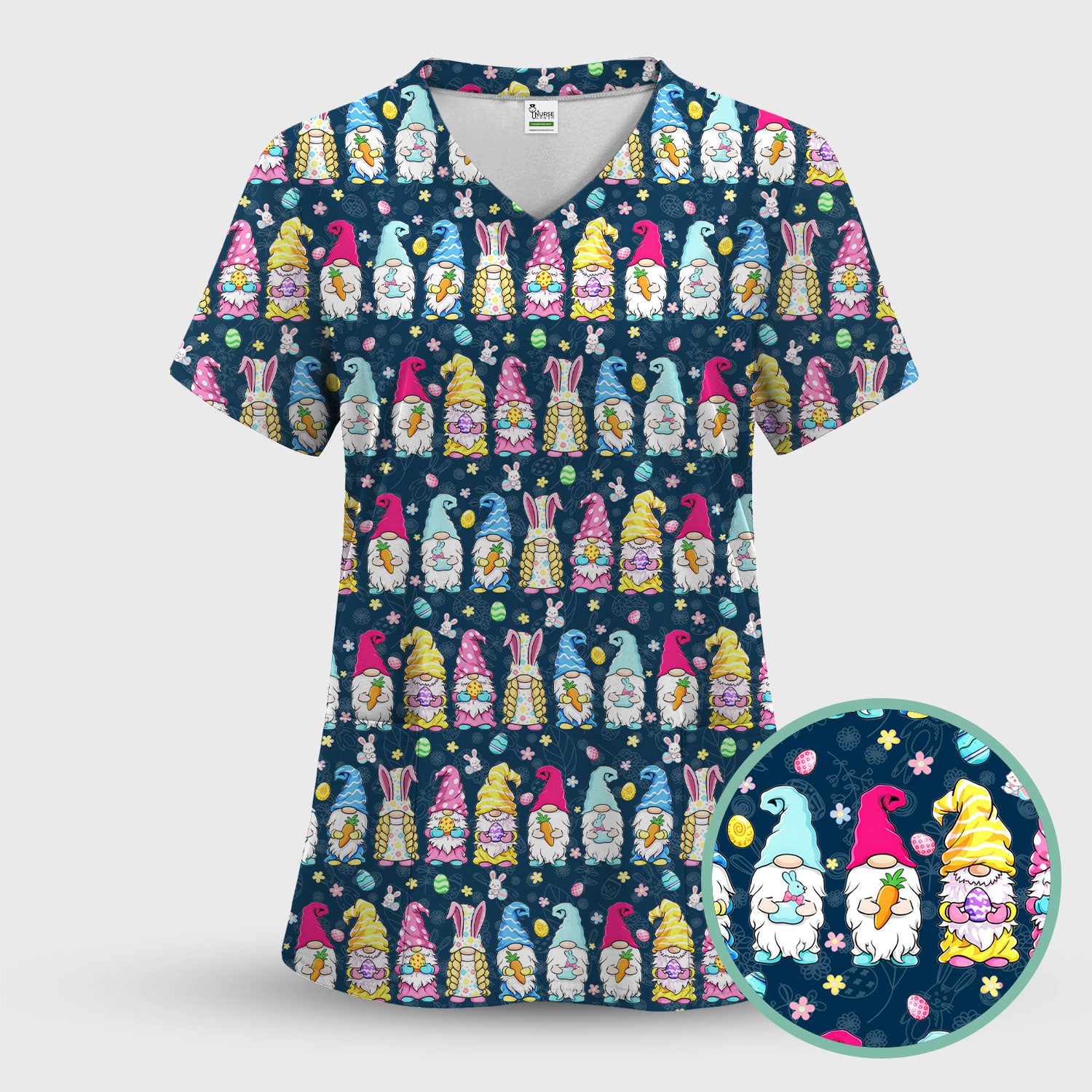 Colorful Easter Gnome Bunny Eggs Print Scrub Top, Comfortable Scrubs for Nurses