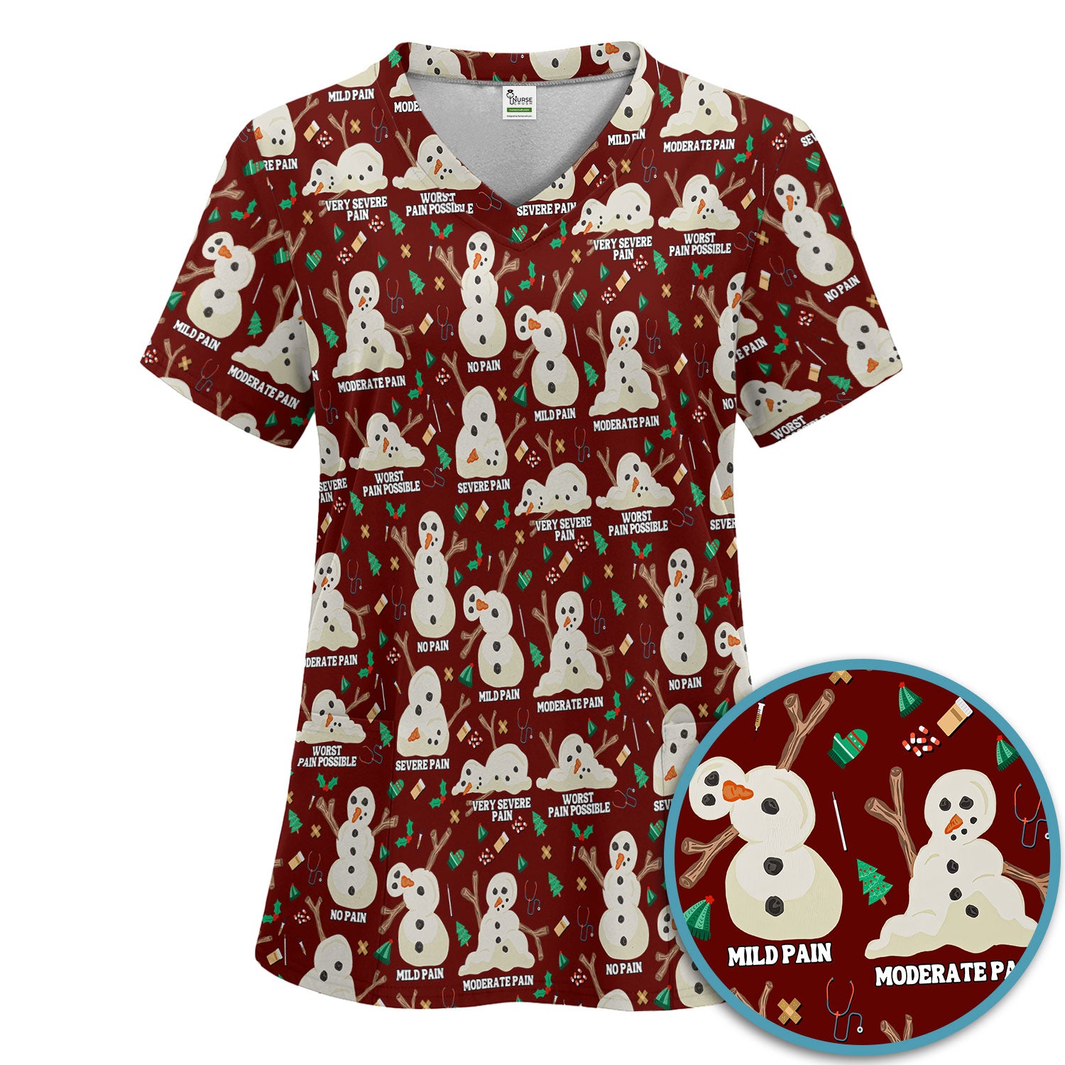 Funny Snowman Pain Scale Scrub Set for Nurse - Christmas Medical Pants and V Neck Top for Women RN LPN CNA