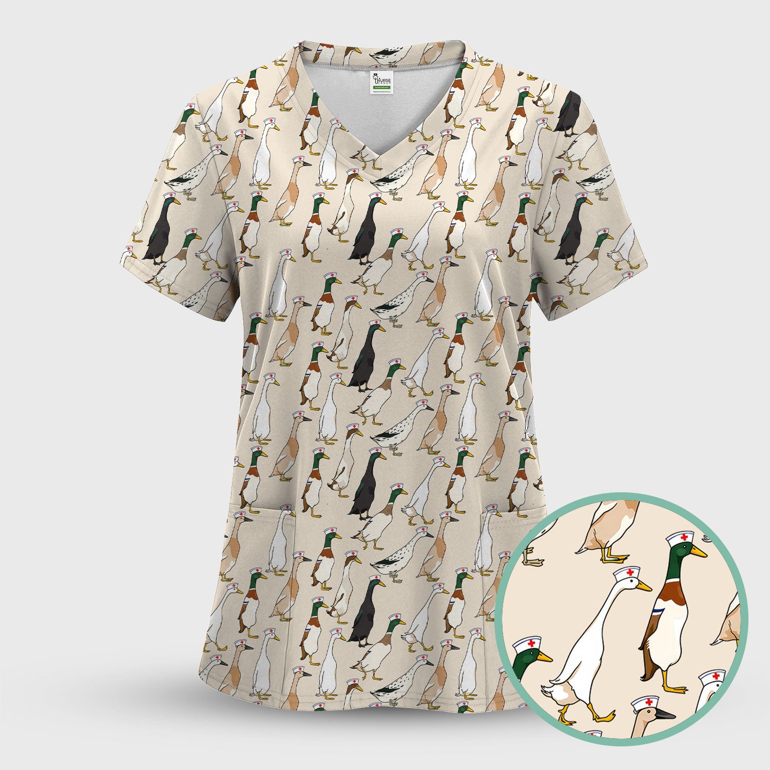 Funny Nurse Duck Pattern Scrub Top, Comfortable Scrubs for Nurses