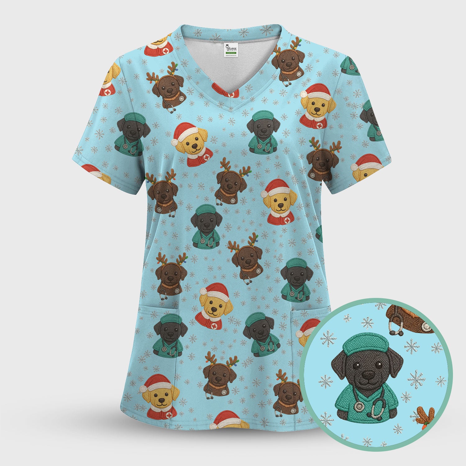 Christmas Dog Pattern Scrub Top, Cute Puppy Nurse Scrub Shirt, Holiday Nursing Uniform