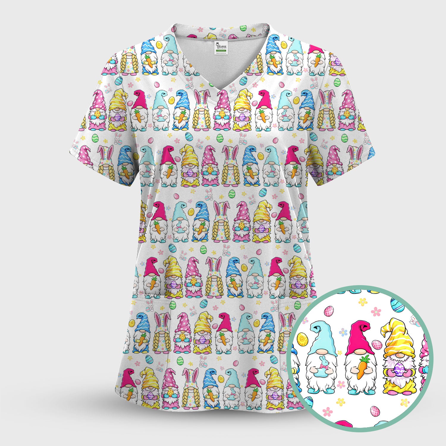 Colorful Easter Gnome Bunny Eggs Pattern Scrub Set, Women's Scrub Sets