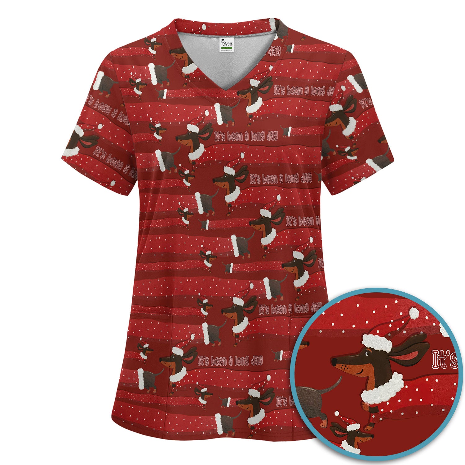 Funny Dachshund Christmas Scrub Set - It's Been a Long Day - Cute Wiener Dog Scrubs Pants and V Neck Top - Medical Uniform for Women