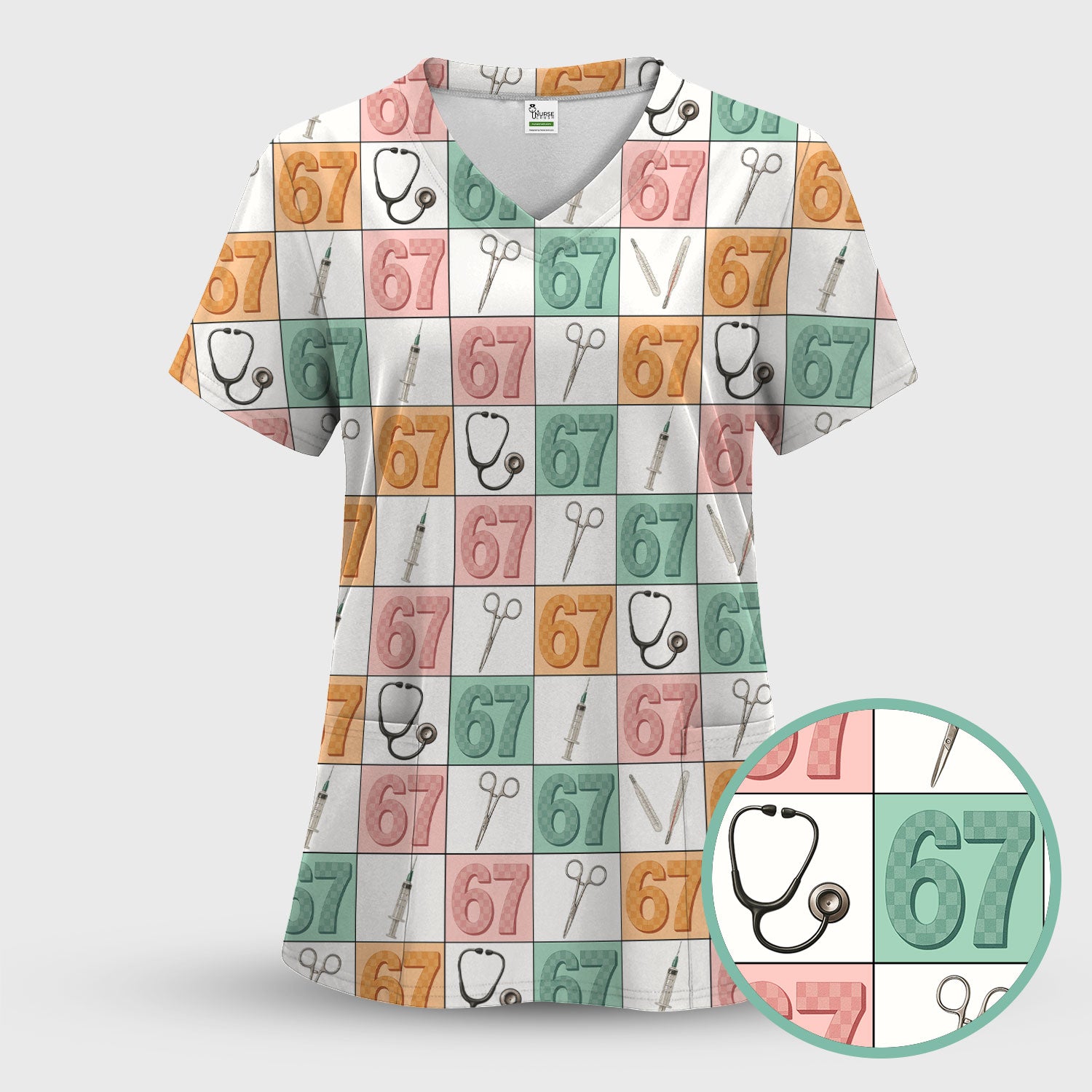 67 Nurse Patchwork Scrub Top, Colorful Medical Tools Pattern Uniform Shirt For Nursing