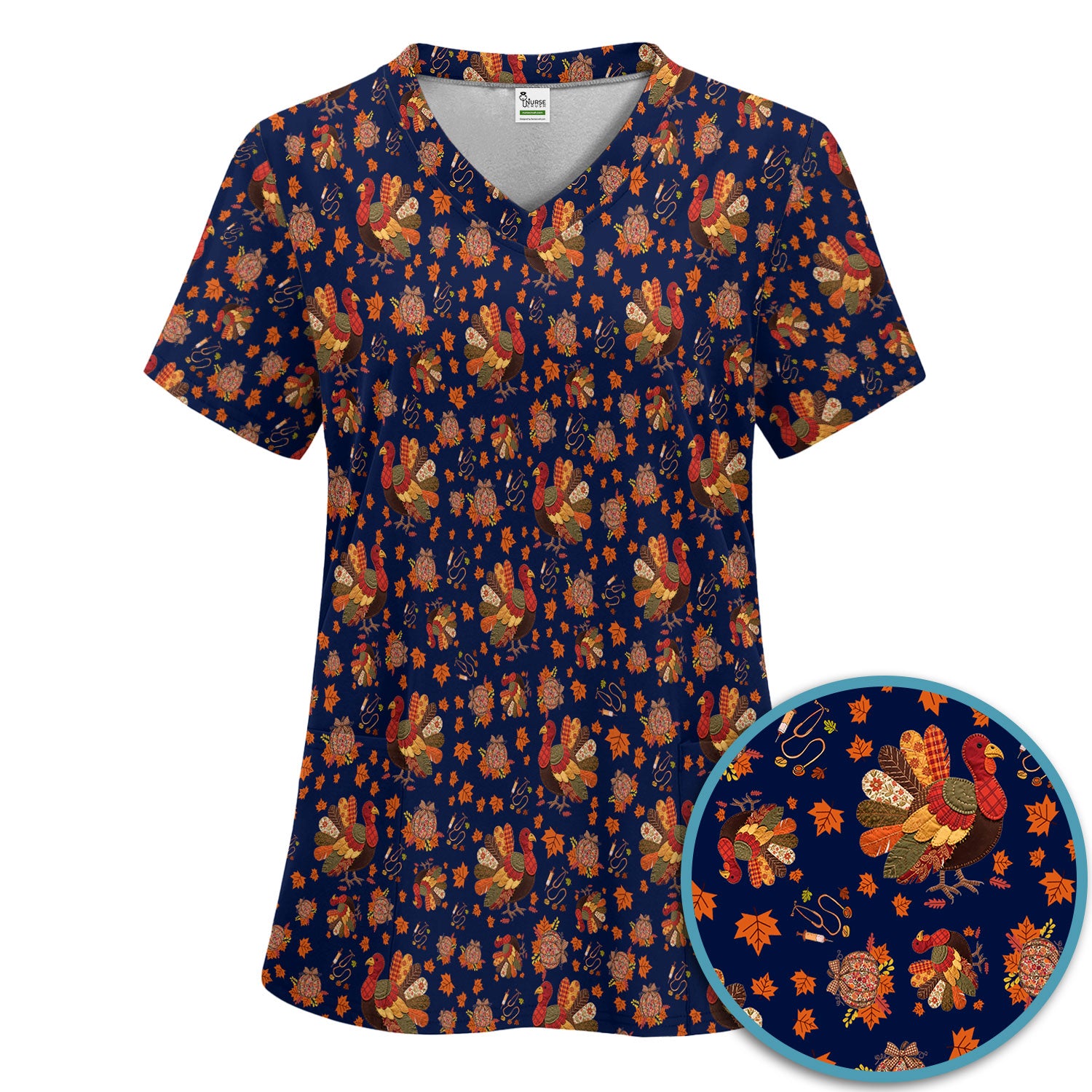 Fall Leaves Thanksgiving Women's Scrub Set - Comfortable Scrub Pants and V Neck Top - Funny Turkey Nursing Uniform