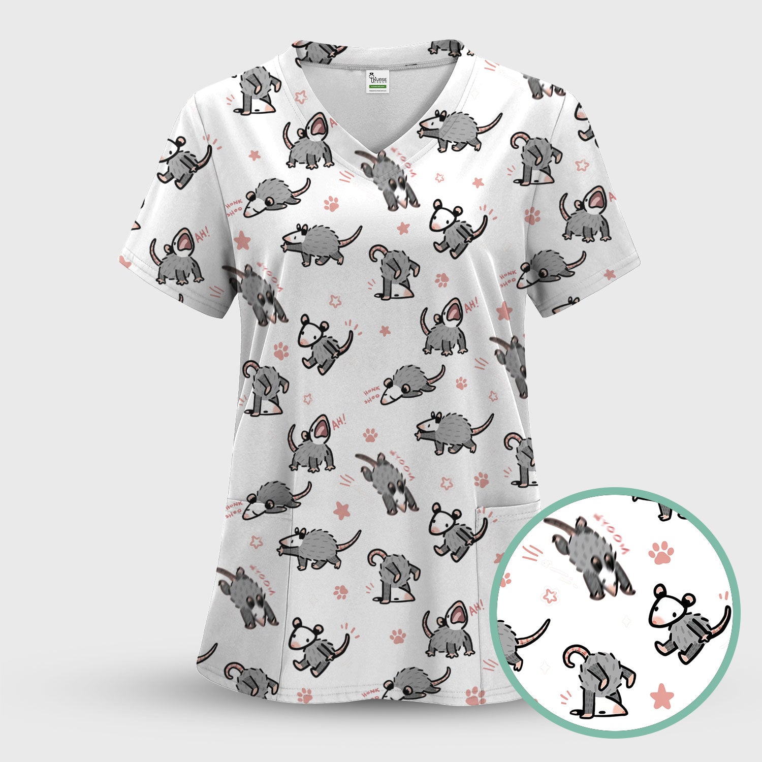 Playful Cartoon Opossum Character Pattern Scrub Top, Breathable Fabrics Nursing Uniform