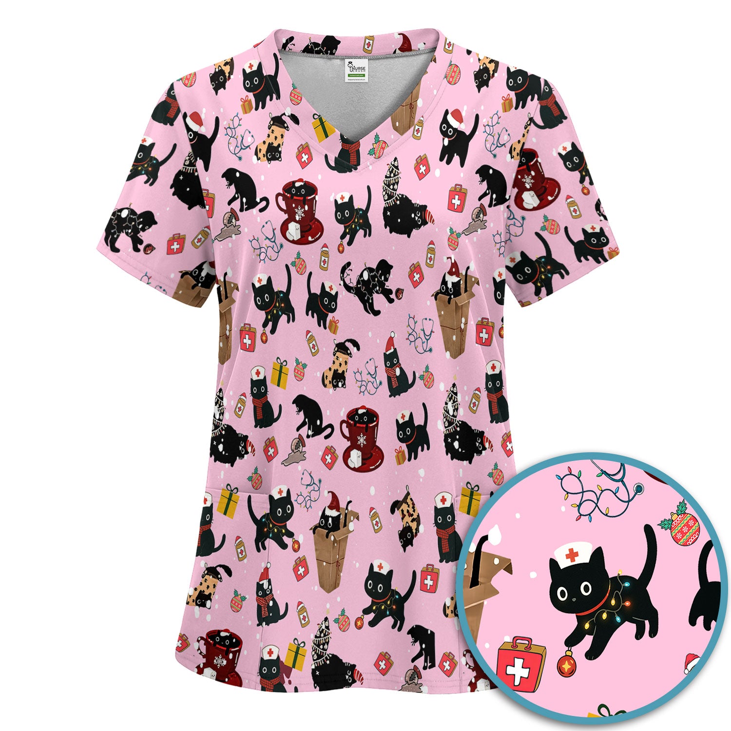 Funny Cat Scrub Sets for Women - Christmas Black Cats Pants and V Neck Top - Breathable Fabrics Nursing Uniform