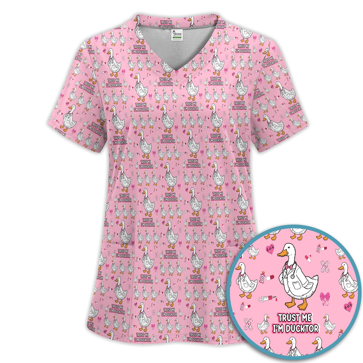 Trust Me I'm Ducktor Scrub Set, Funny Duck Pattern Scrub Shirt, Breathable Fabrics Nursing Uniform For Women