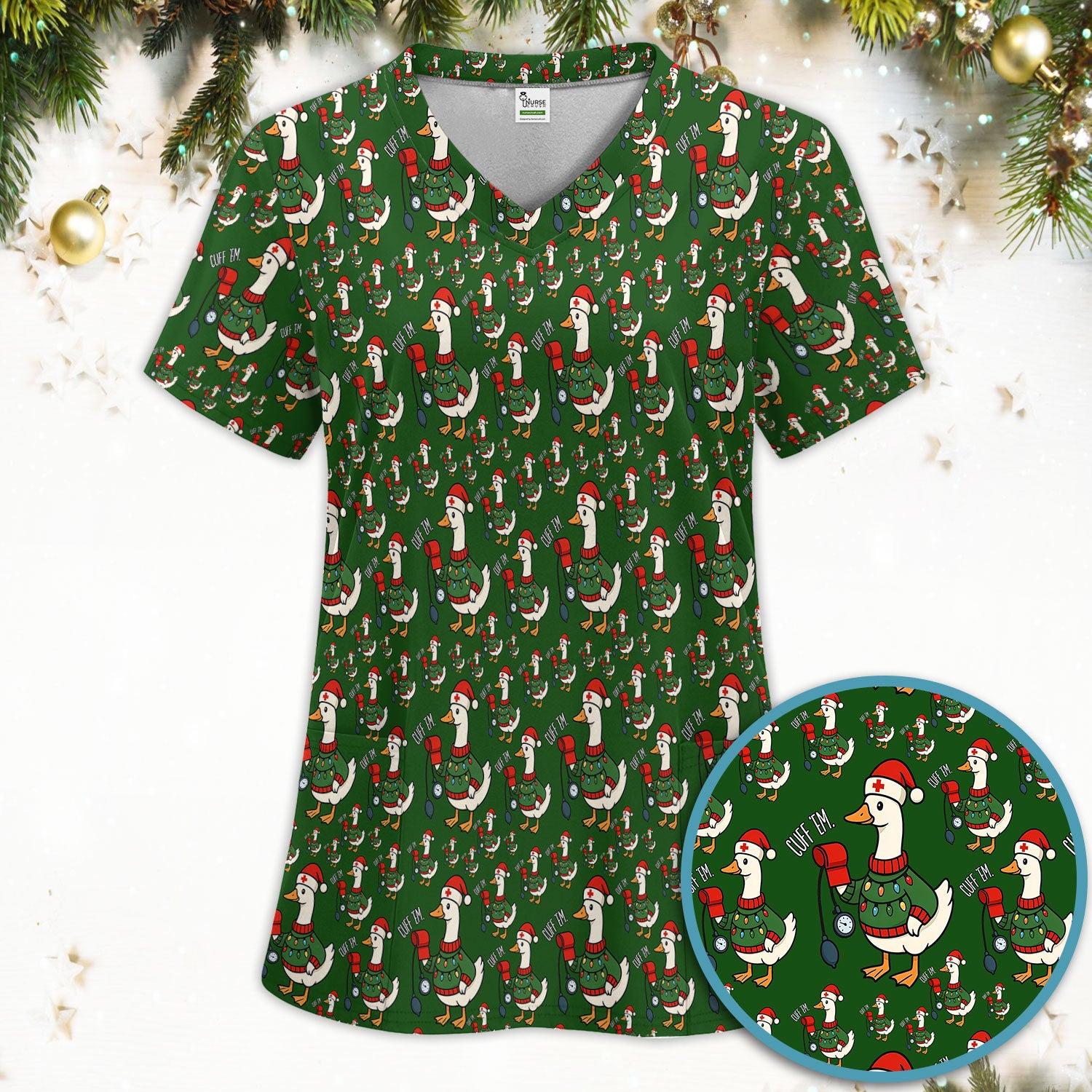 Nurse Christmas Duck Scrub Set, Cute Goose Pattern Scrub Uniform, RN LPN CNA Nursing Uniform