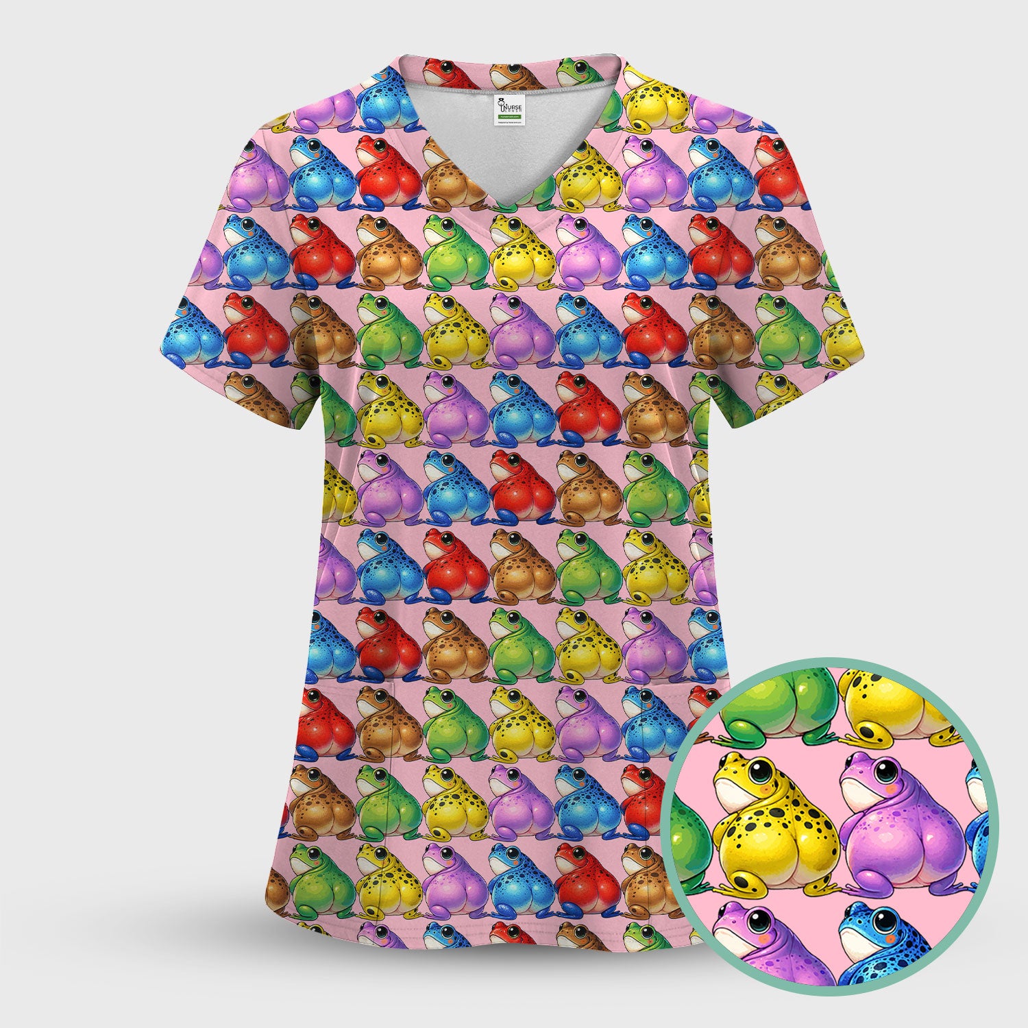Funny Colorful Frogs Pattern Scrubs Sets, Scrub Pants and V Neck Top