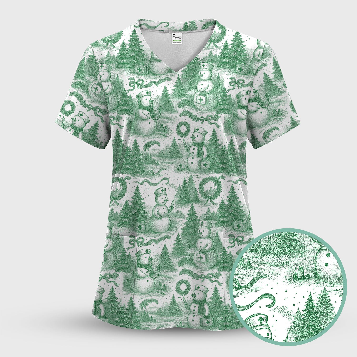 Christmas Scrub Top for Women – Toile de Jouy Snowman and Medical Pattern – Vintage Holiday Nurse Scrubs for Festive Season