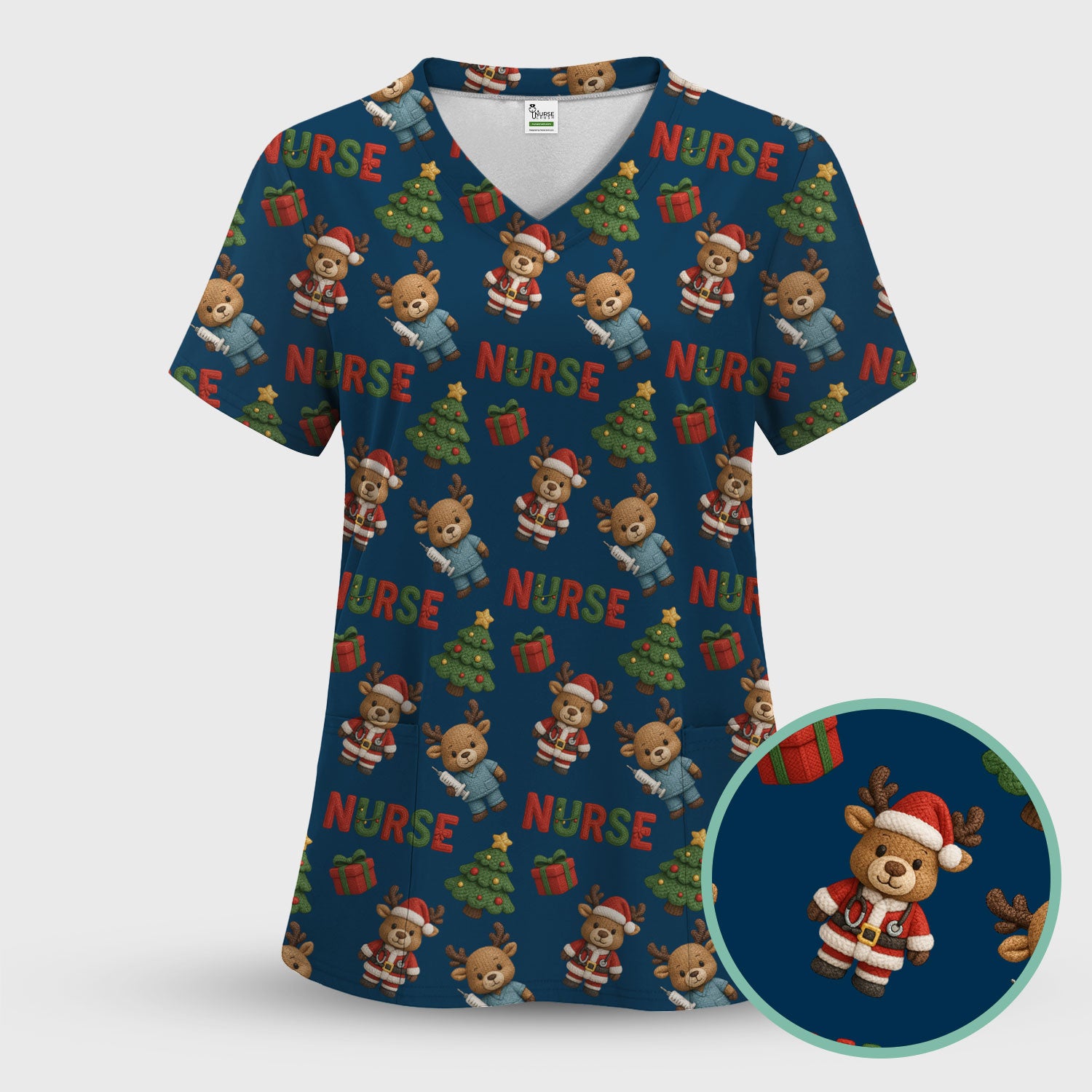 Reindeer Christmas Scrub Top, Cute Holiday Nurse Scrub Shirt, Festive Pattern Nursing Uniform