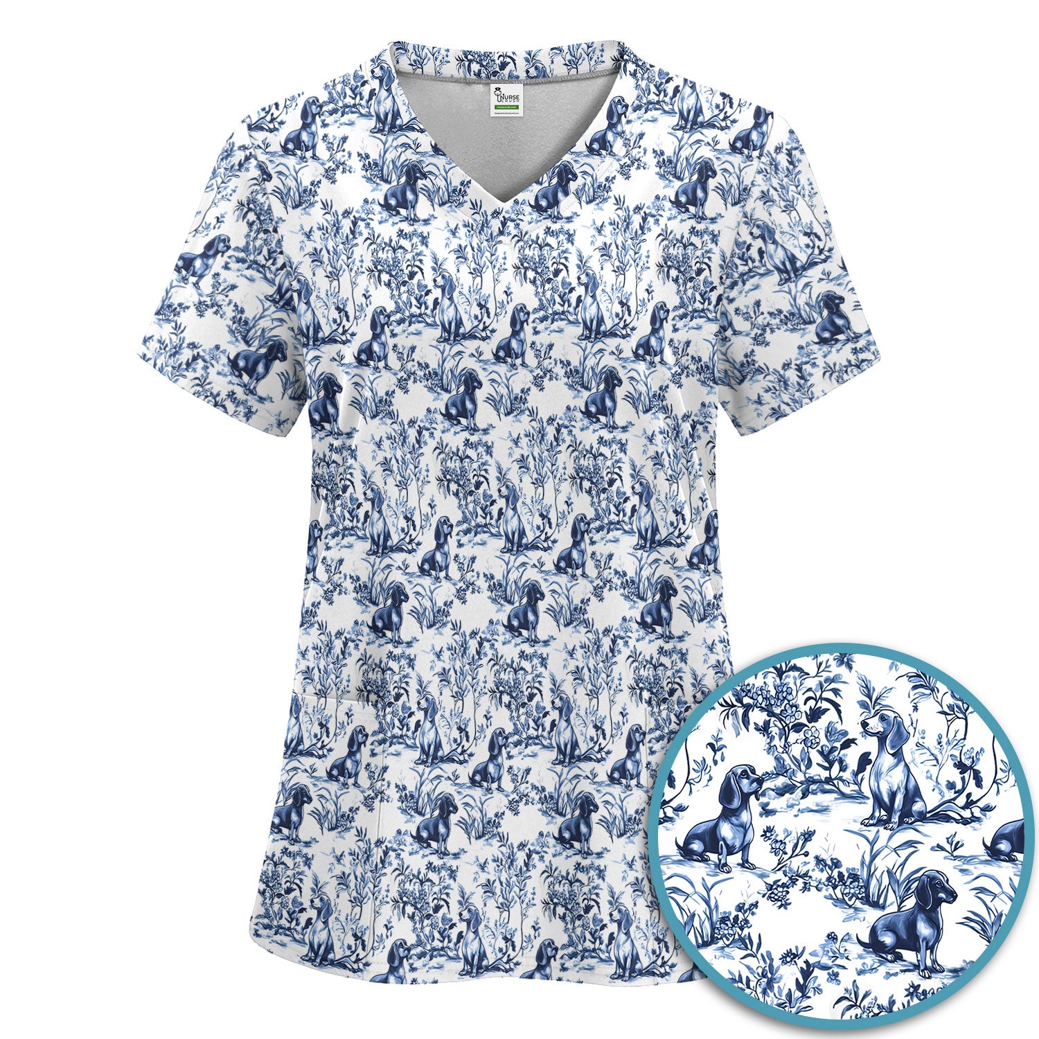 Toile de Jouy Dog Scrub Set – Elegant Blue Dachshund Pattern – Cute Medical Uniform for Nurses, Vets, and Animal Care Workers