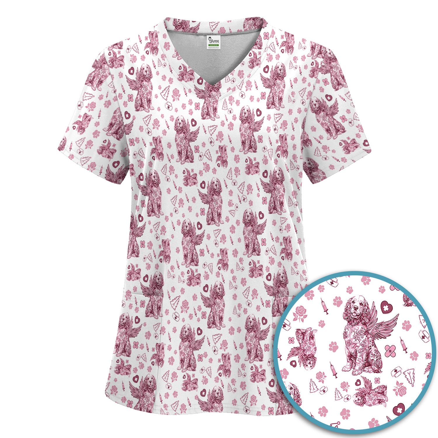 Toile De Jouy Scrub Set for Nurses - Angel Puppy Medical Uniform - Floral Dog in Heaven Gift for Women, Vet Techs, RN CNA LPN