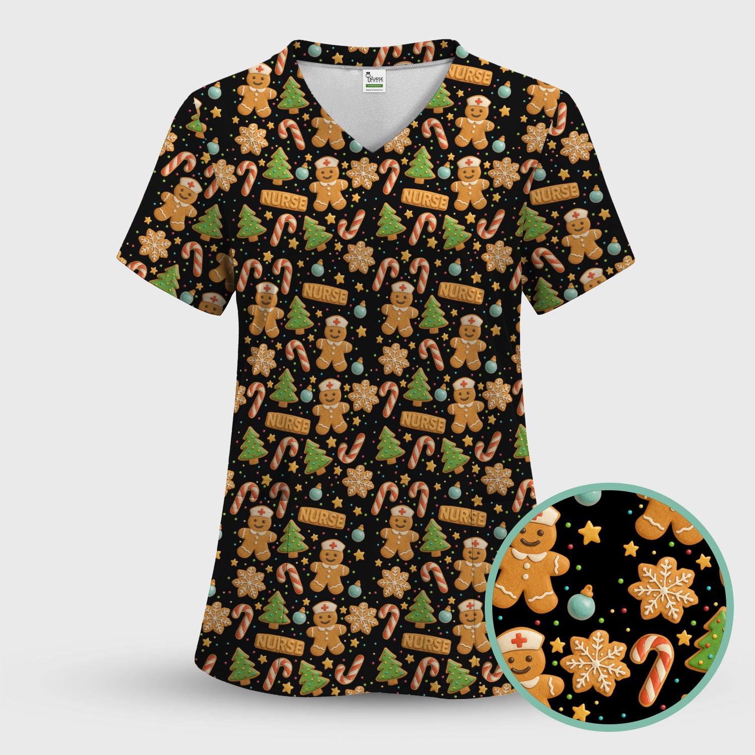 Gingerbread Scrubs Christmas Edition - Cute Cookie Pattern Medical Scrub Top for Women - Holiday Christmas Scrubs with Fun Festive Print
