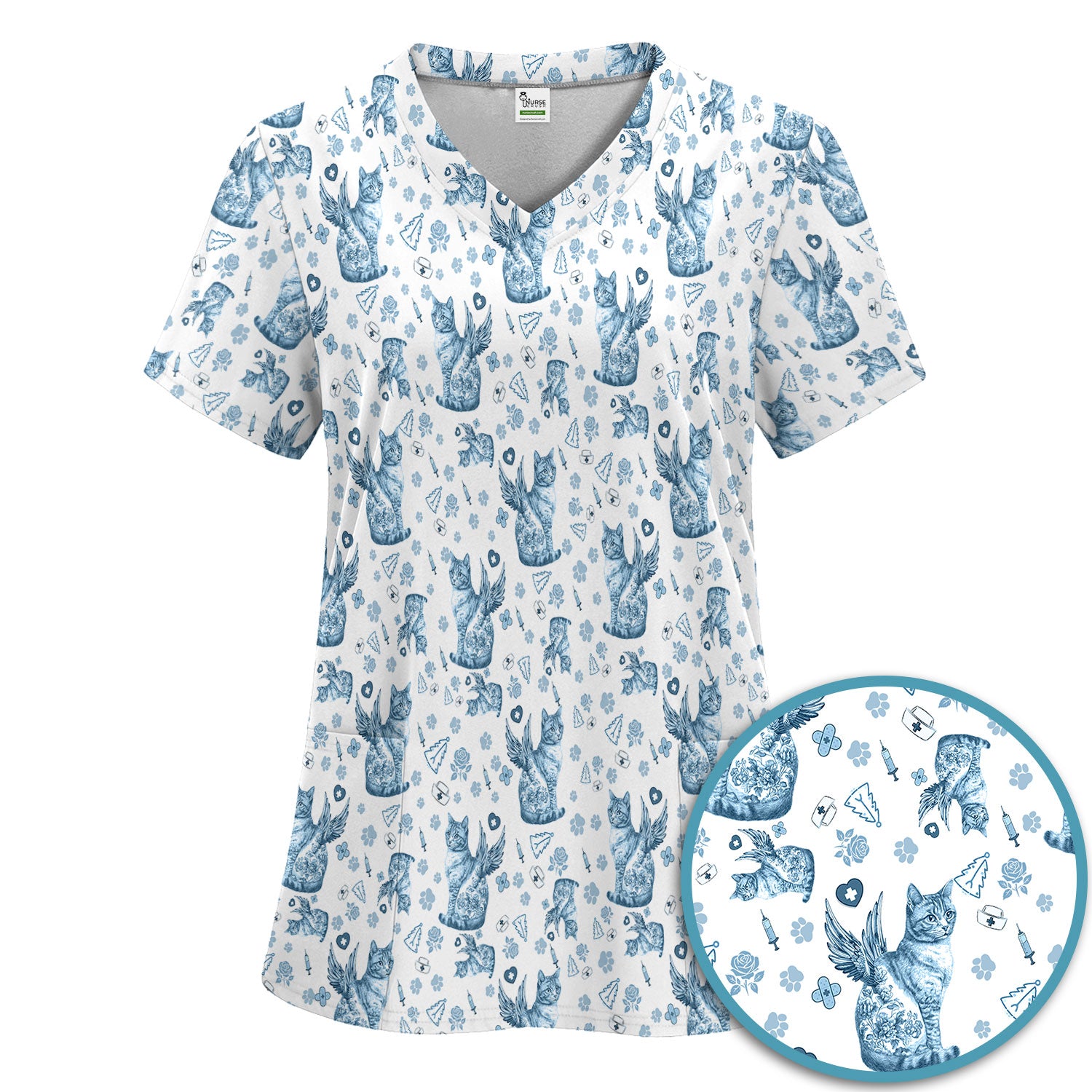 Toile de Jouy Cat Angel Scrub Set - Blue Vintage Nurse Pants and V Neck Top - French Style Medical Uniform for Women