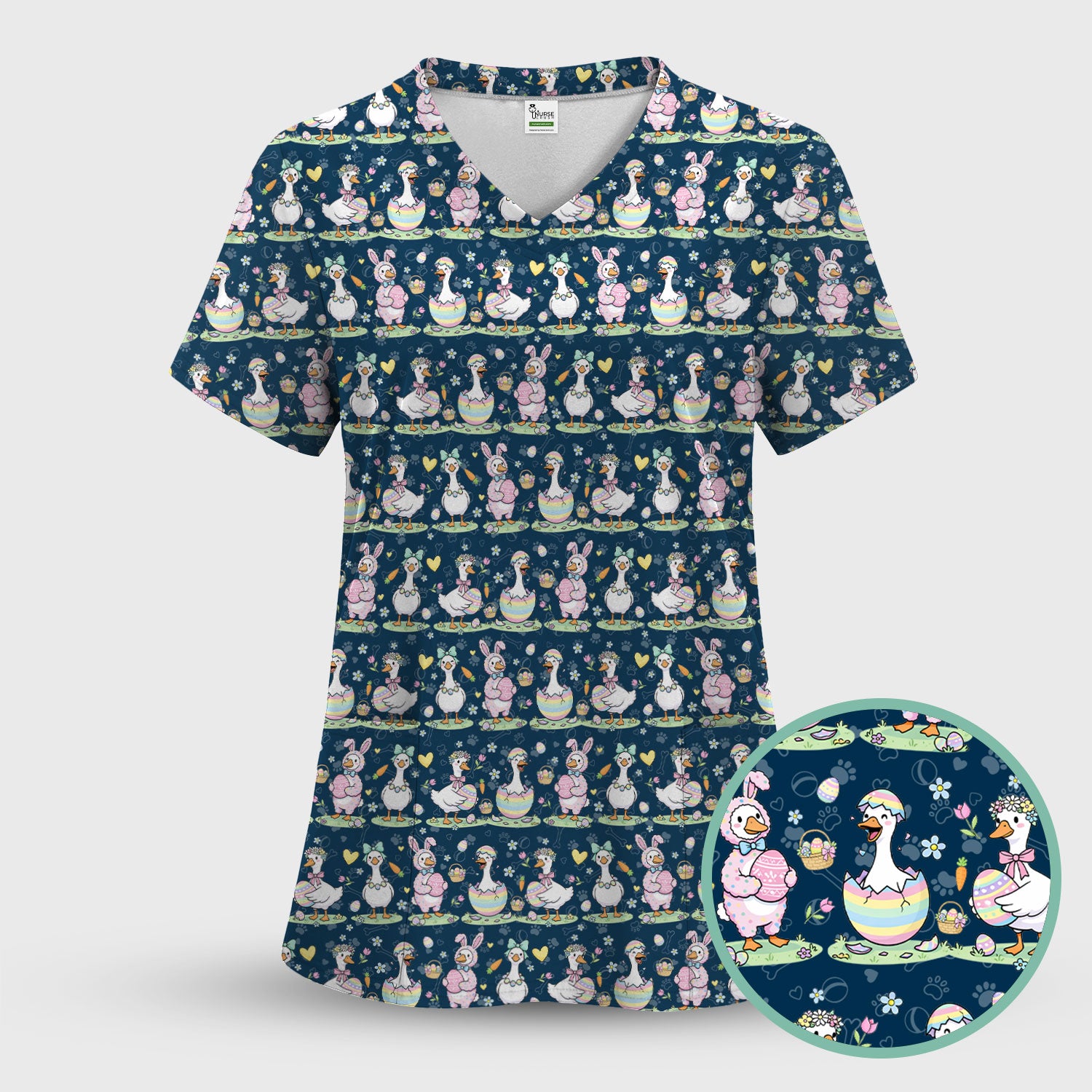 Pastel Easter Goose Bunny Egg Pattern Scrub Top, Comfortable Scrubs for Nurses