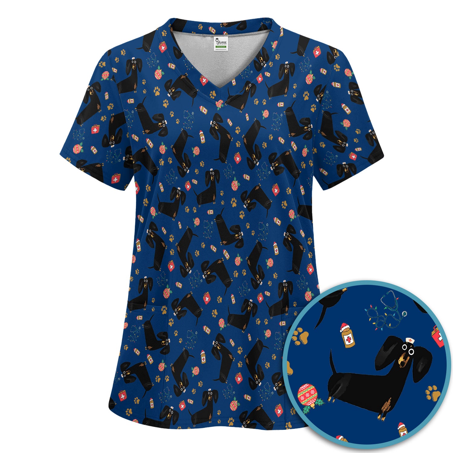 Funny Wiener Dog Scrub Sets for Nurses - Cute Black Dachshund Pants and V Neck Top - Dog Lover Nursing Uniform Gift for Women