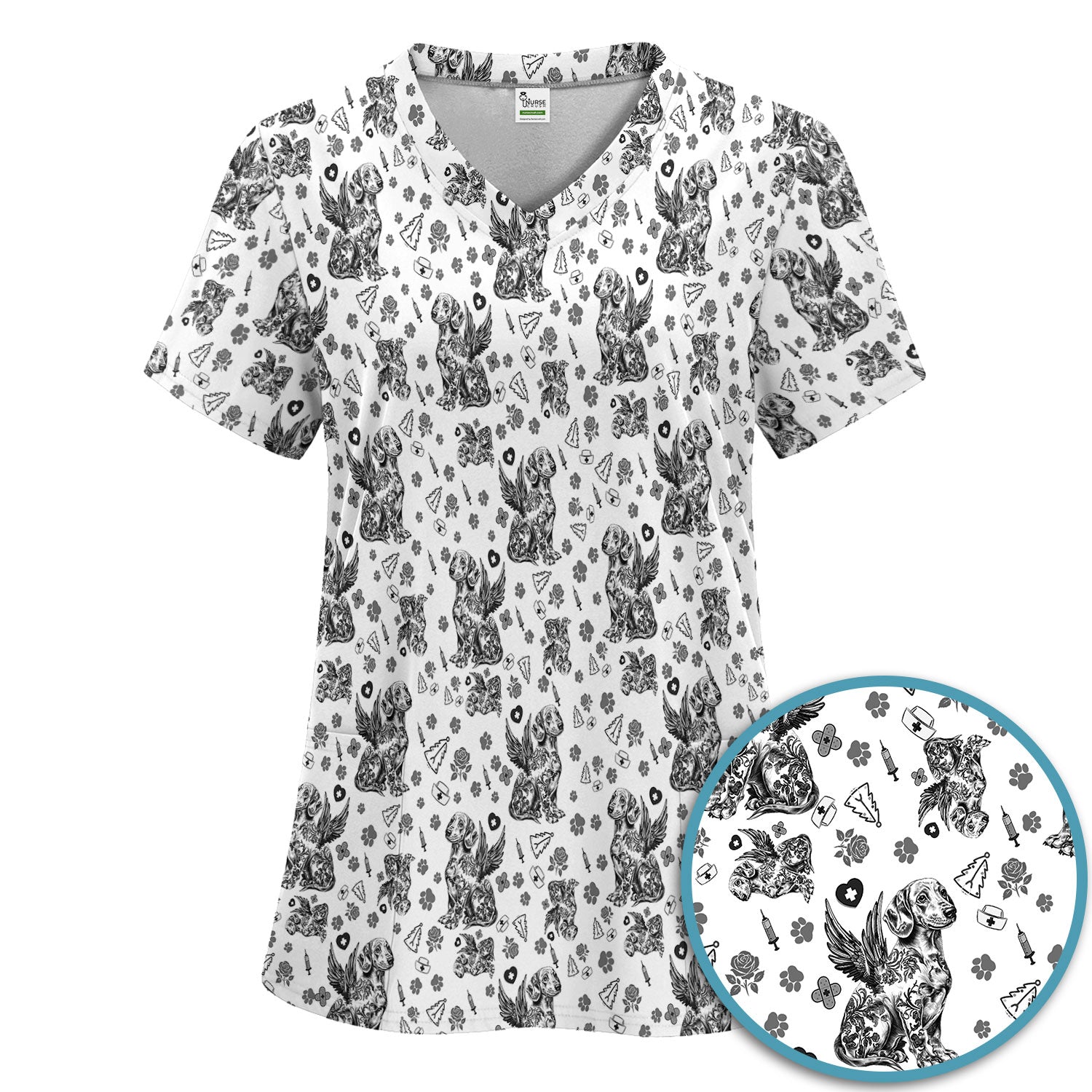 Toile de Jouy Dachshund Angel Scrub Set - Blue Vintage Wiener Dog Scrubs Pants and V Neck Top - Memorial Puppy Gift