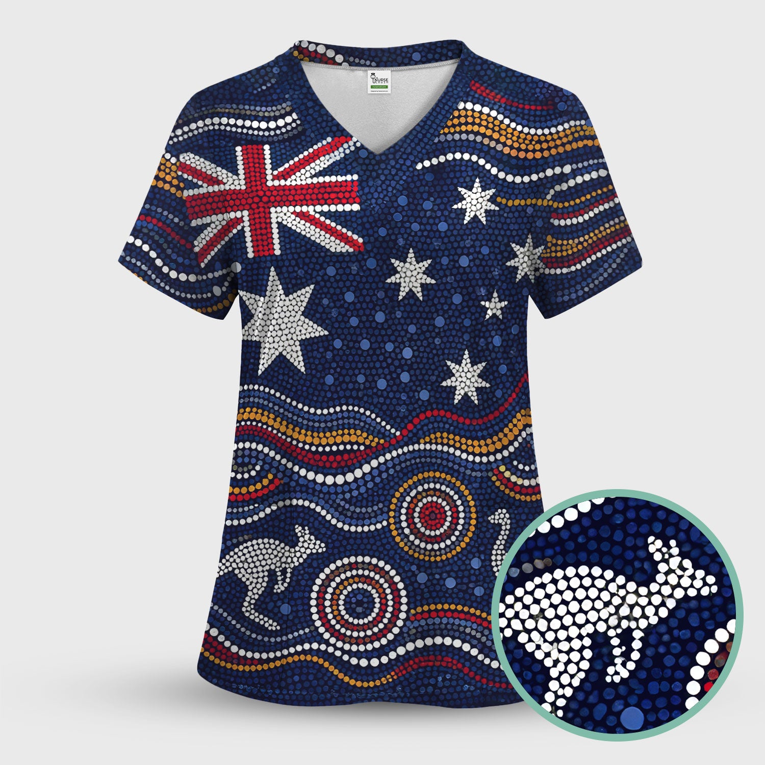 Australian Aboriginal Art Pattern Nurse Scrub Top, Kangaroo Dot Nurses Shirt For Women, Breathable Fabrics Nursing Uniform