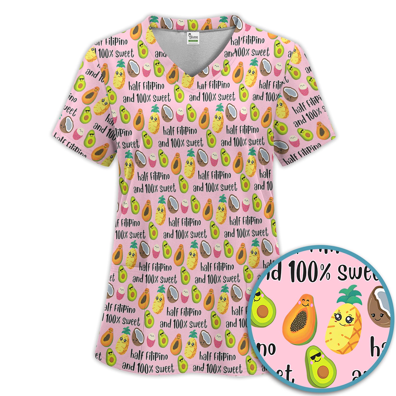 Playful Avocado Fruit Print Filipino Quote Scrub Set, Breathable Med Uniform