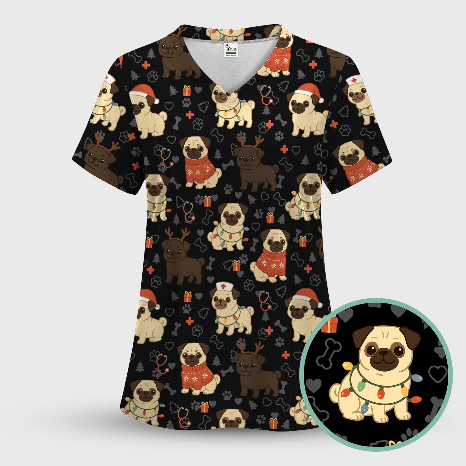 Cute Pug Christmas Nurse Scrub Top for Women - Funny Holiday Dog Pattern Medical Shirt - Festive Gift for RN LPN CNA Vet Nurses