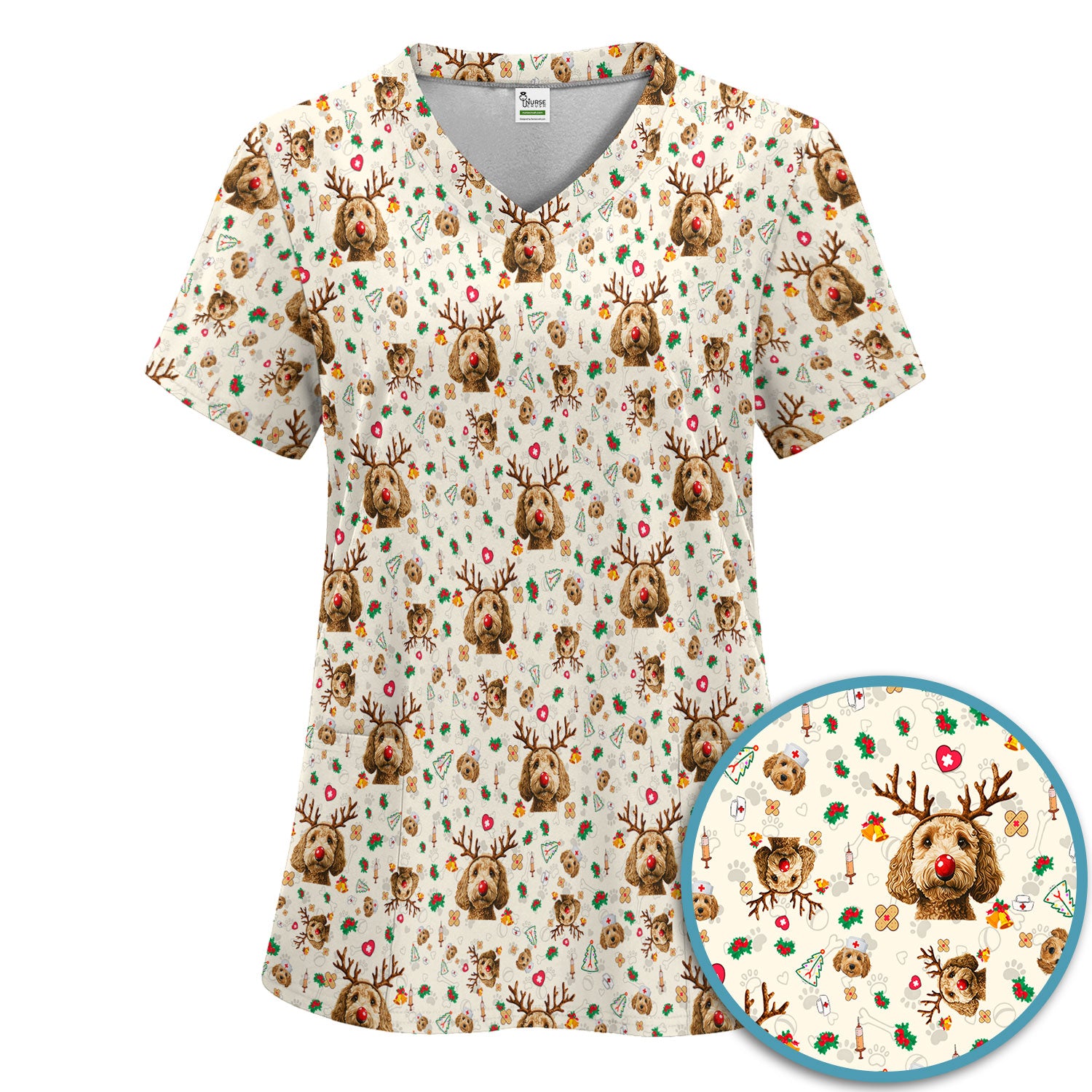 Christmas Labradoodle Scrub Set - Funny Reindeer Dog Nurse Pants and V Neck Top - Cute Holiday Medical Uniform