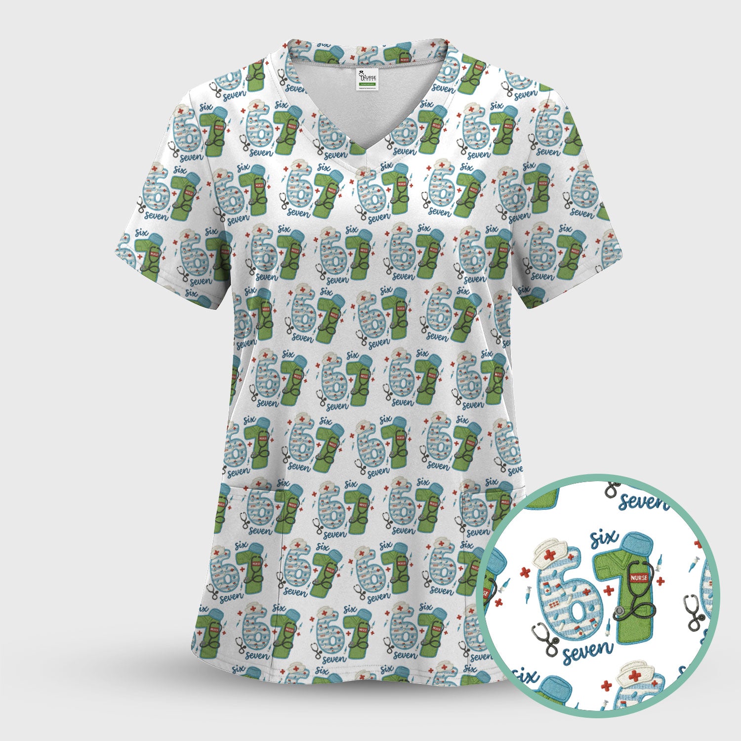 Nurse Six Seven Pattern Scrub Top, Cute Medical Number Print Shirt for Nursing Professionals
