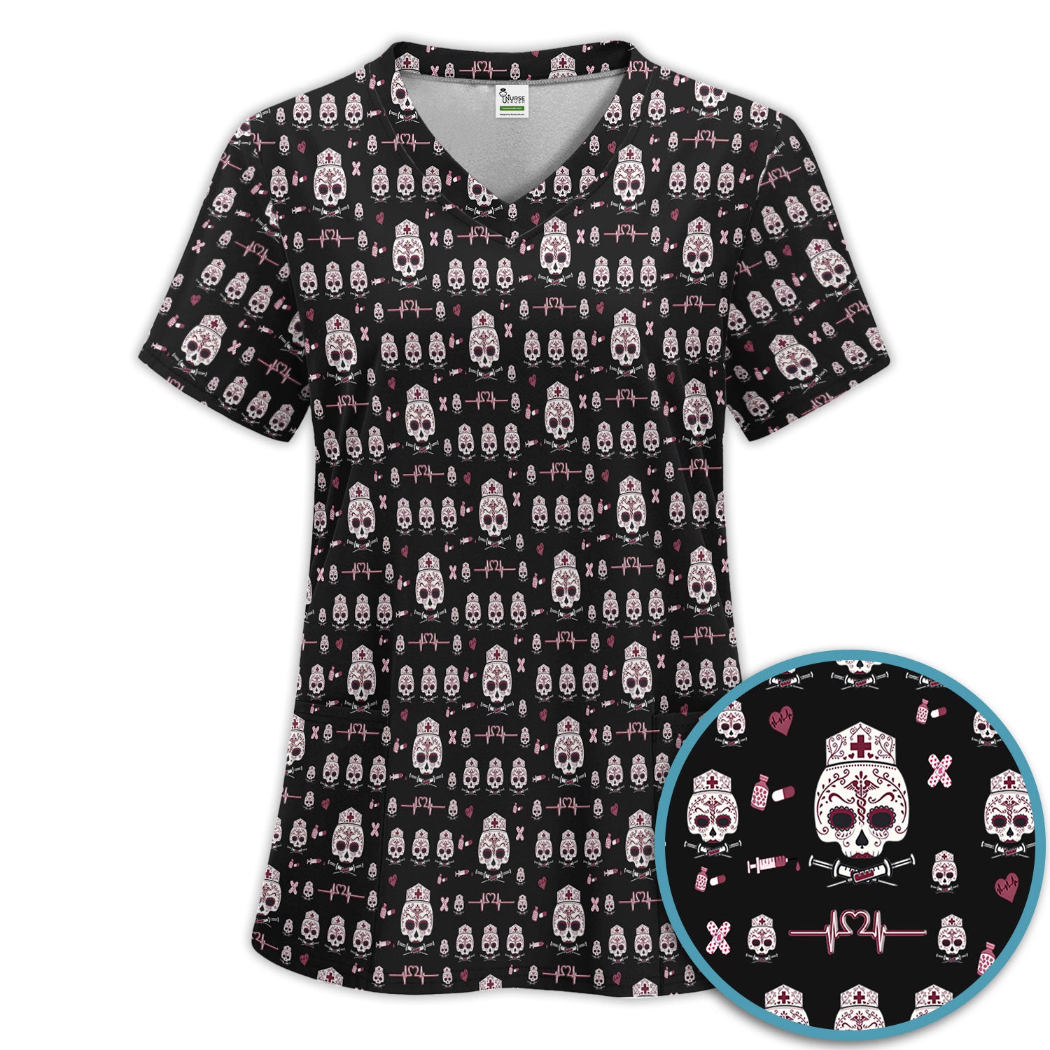 Sugar Skull Scrub Set, Skull Pattern Scrub Shirt, Breathable Fabrics Nursing Uniform