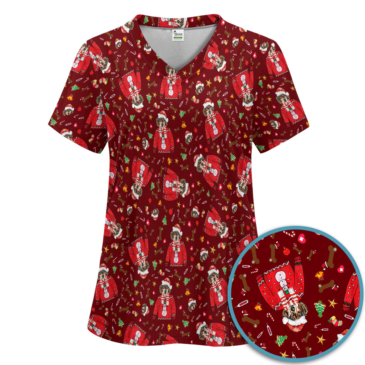 Funny Dog Christmas Scrub Set – Cute Puppy in Santa Outfit Pattern – Festive Holiday Medical Uniform For Nurses And Pet Lovers