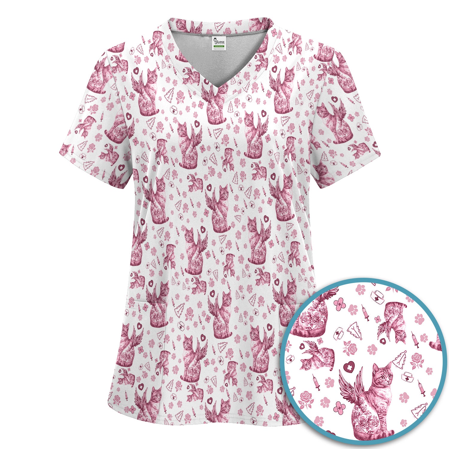 Toile de Jouy Cat Angel Scrub Set - Blue Vintage Nurse Pants and V Neck Top - French Style Medical Uniform for Women