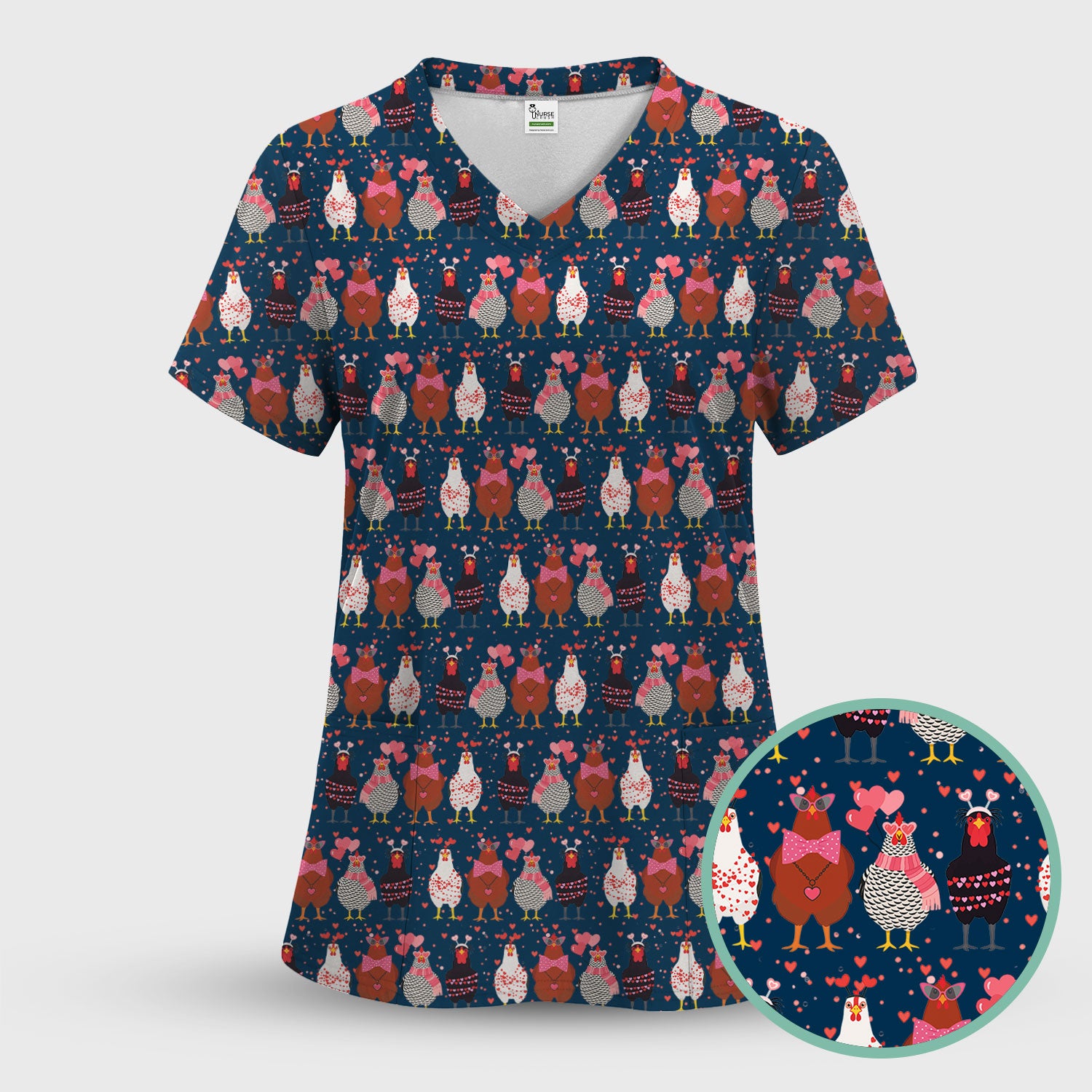 Funny Chicken Valentine Scrub Top, Chicken Pattern Scrub Shirt For Nursing, Valentine Gift For Nurse