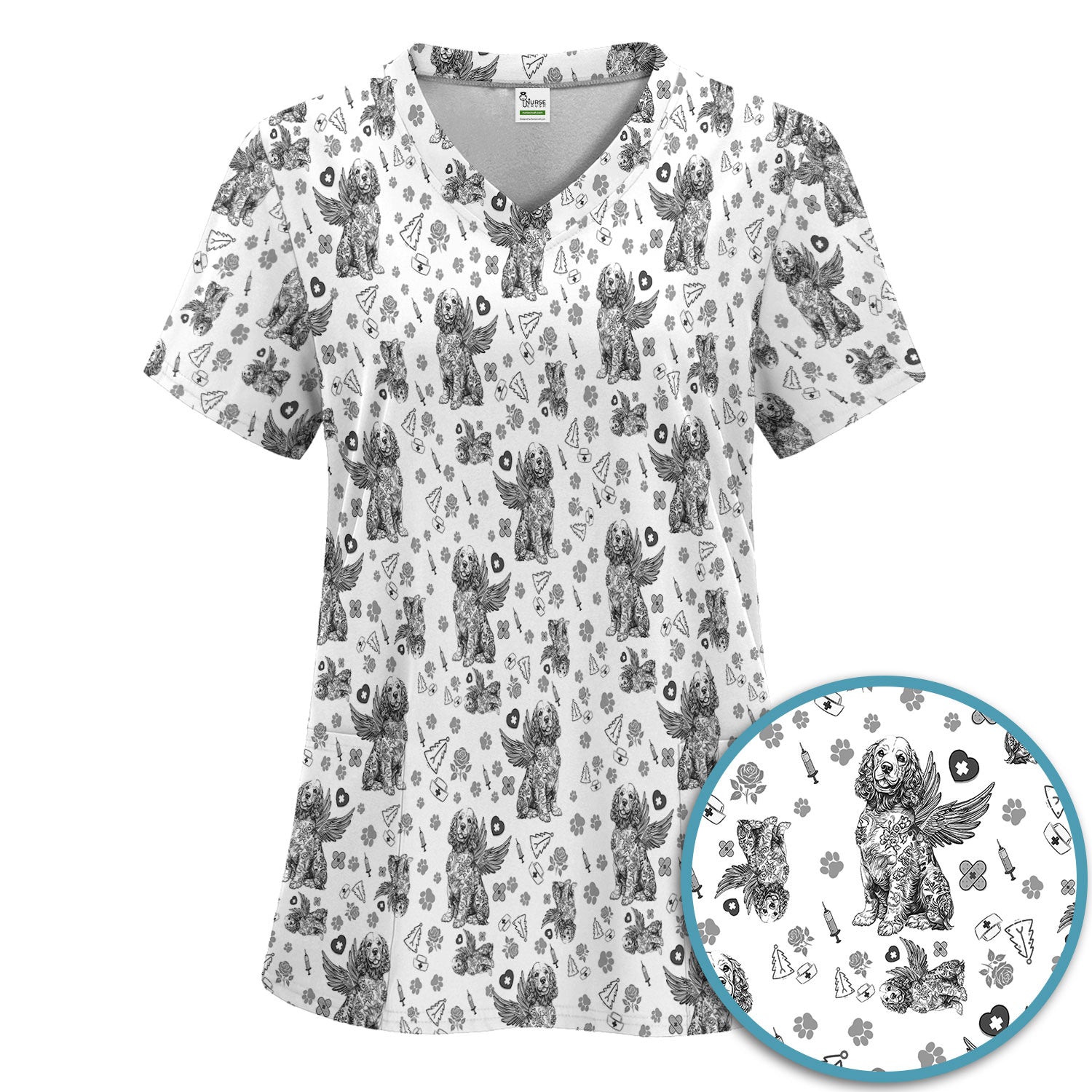 Toile De Jouy Scrub Set for Nurses - Angel Puppy Medical Uniform - Floral Dog in Heaven Gift for Women, Vet Techs, RN CNA LPN
