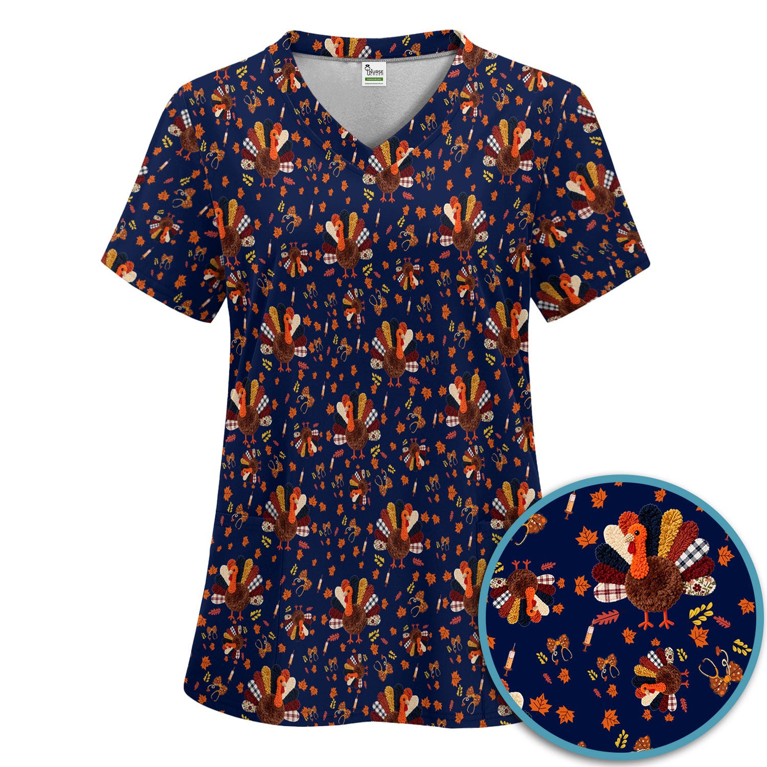 Funny Thanksgiving Nurse Scrub Sets - Fall Leaves and Pumpkin Scrub Pants and V Neck Top - Autumn Turkey Med Uniform