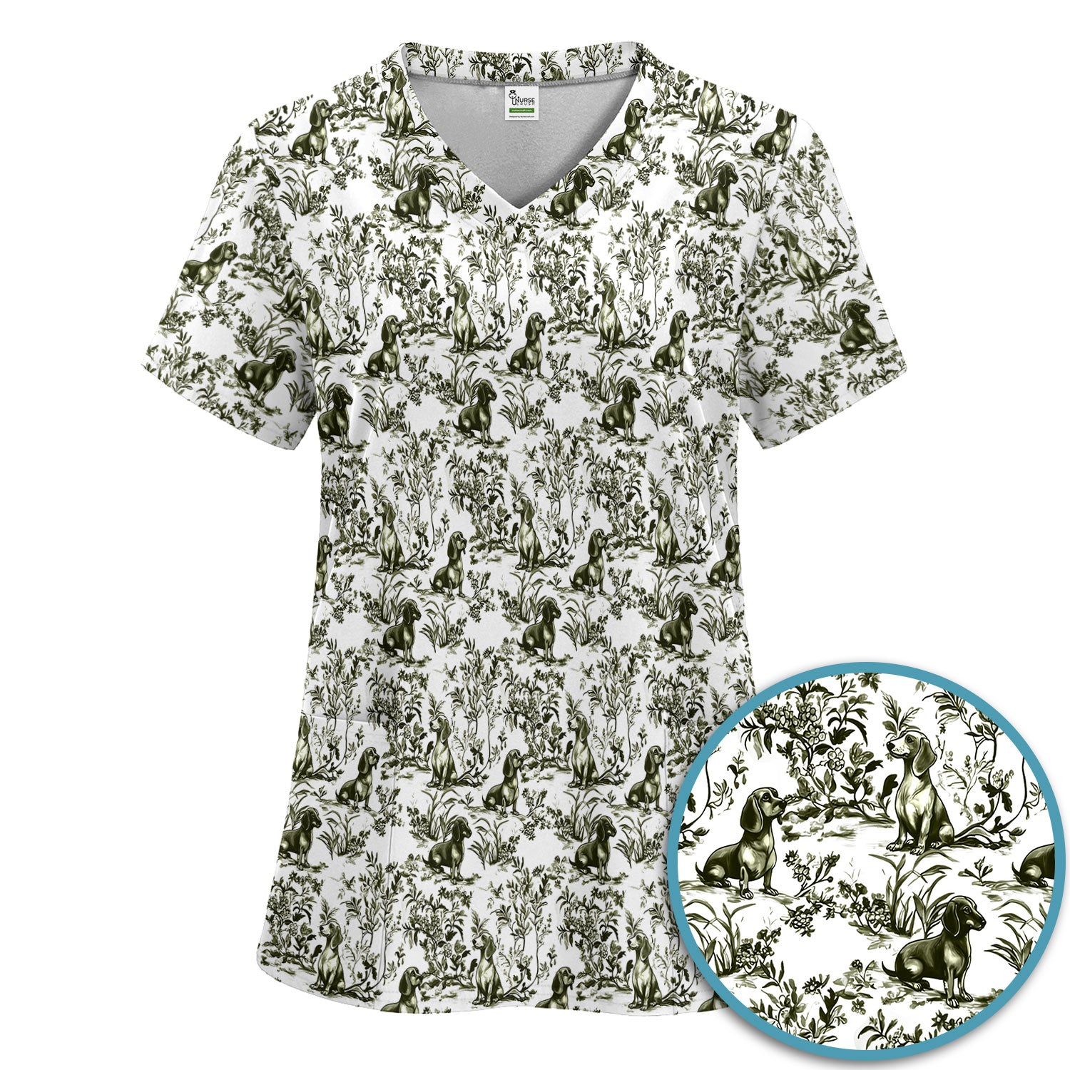 Toile de Jouy Dog Scrub Set – Elegant Blue Dachshund Pattern – Cute Medical Uniform for Nurses, Vets, and Animal Care Workers